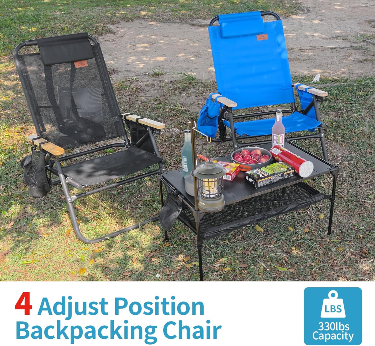 Silla de playa, silla compacta de 4 posiciones ajustables, silla plegable portátil, silla de camping con bolsillo lateral, reposacabezas, soporte