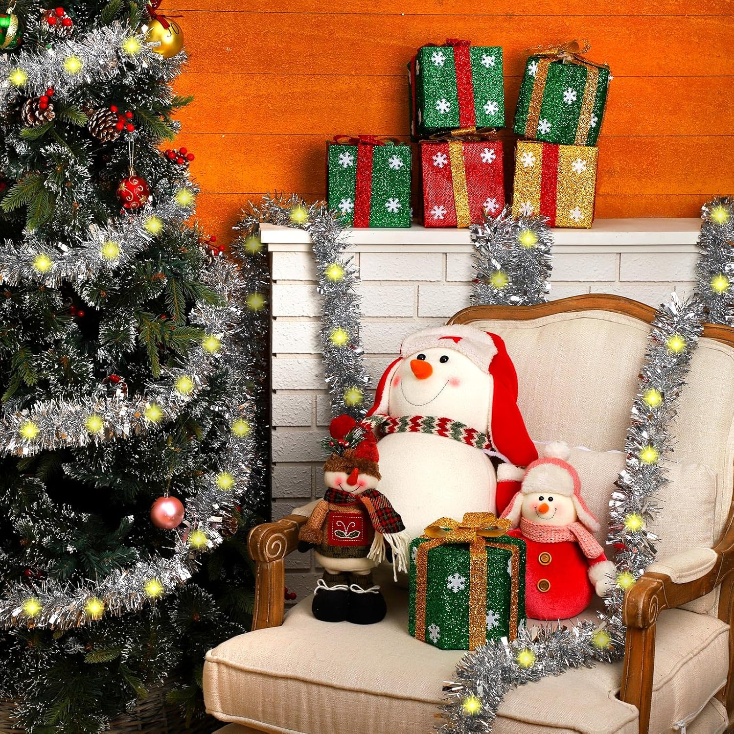 Glitinsel Guirnalda metálica de oropel preiluminada de Navidad con tira de luces LED, guirnalda de Navidad para colgar en el árbol de Navidad, boda,
