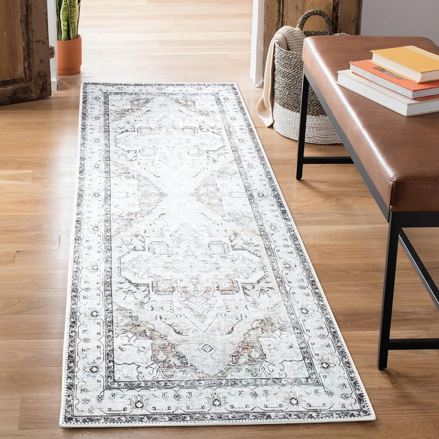 Bloom Rugs Alfombra de pasillo lavable antideslizante de 12 pies  marrónbeigecarbón tradicional para entrada, pasillo, baño y cocina, tamaño exacto