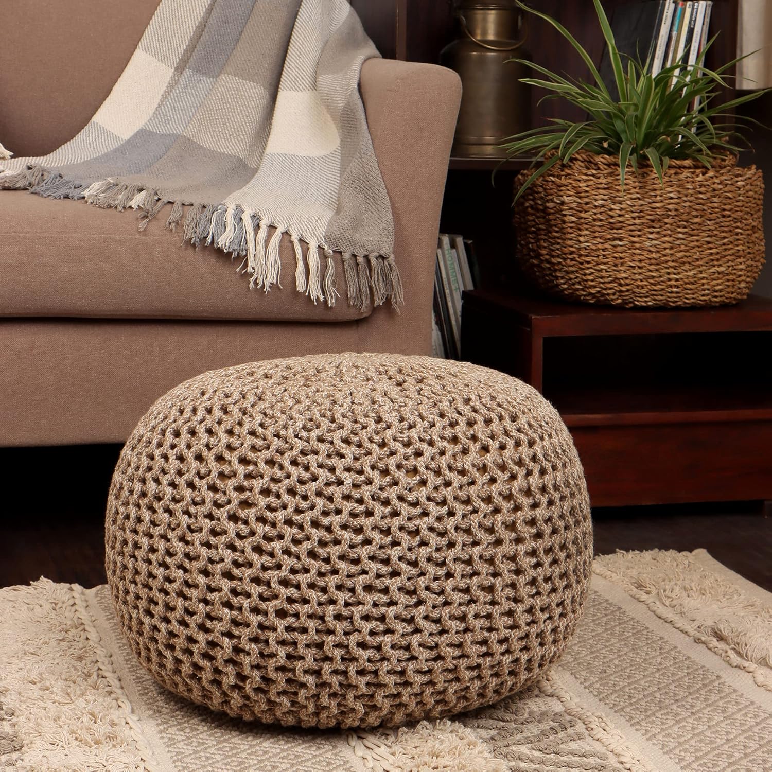 REDEARTH Puf otomano redondo, tejido a mano, estilo bohemio, decoración del hogar, puf circular para sala de estar, guardería, dormitorio, sala de