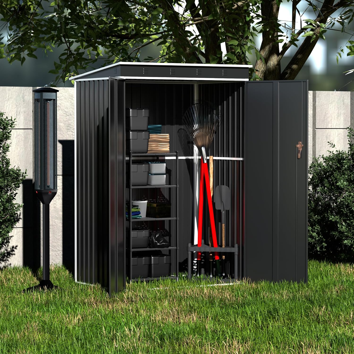 Aobabo Cobertizo de almacenamiento de metal para exteriores, cobertizo de herramientas de acero de 4 x 4 pies con puerta y cerradura, cobertizos de