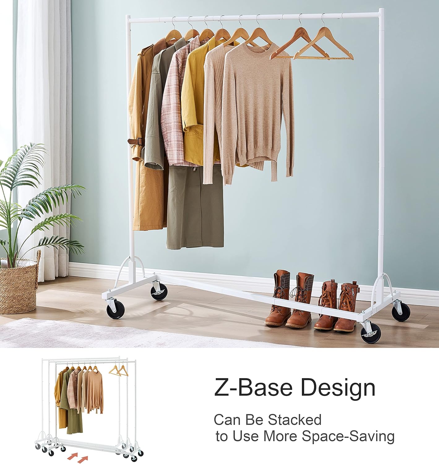 Hoctieon Juego de 2 percheros Z con base en Z, 2 percheros resistentes para ropa, con ruedas con frenos, organizador de ropa, juego de 2, color