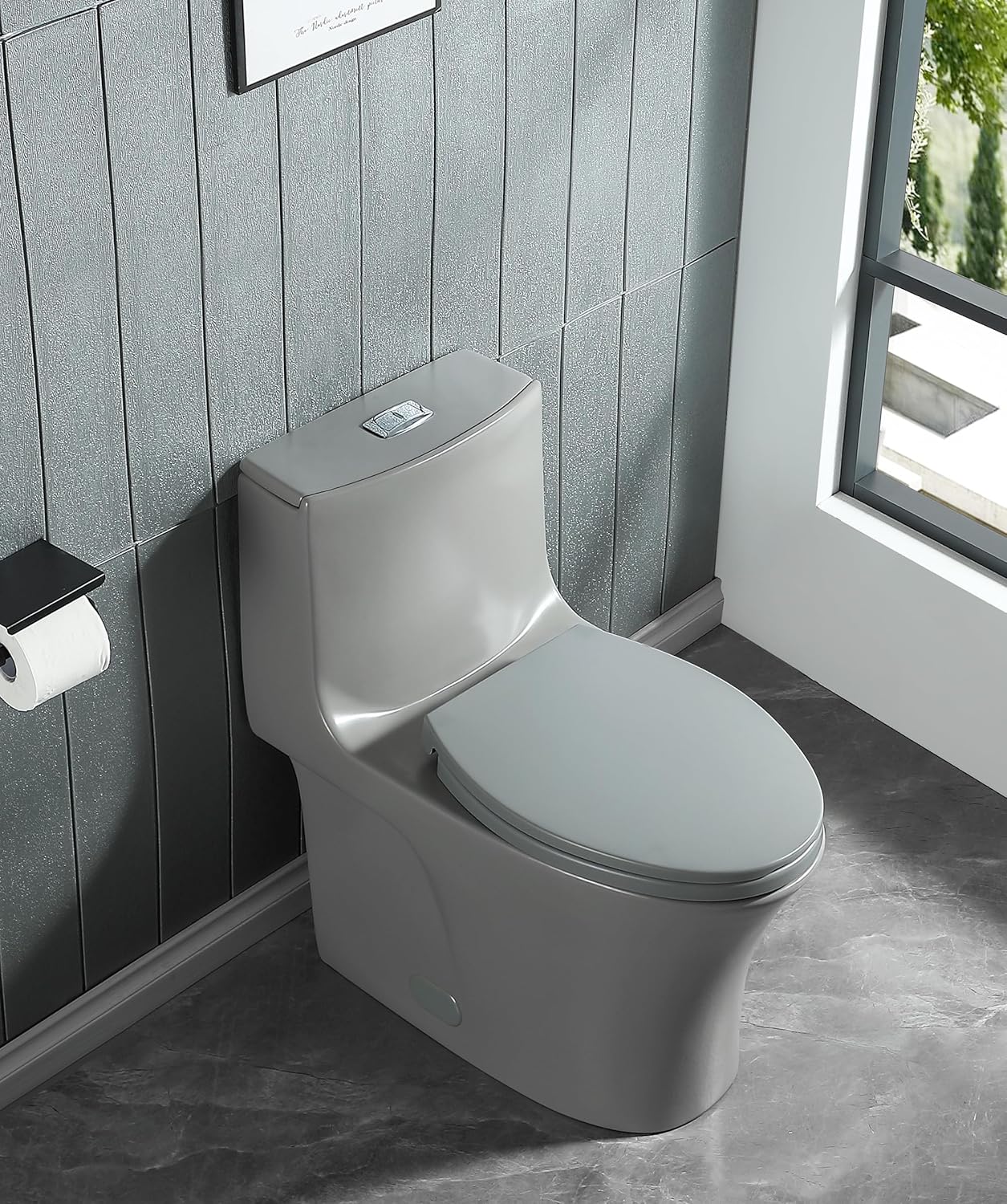 Inodoro de una pieza de doble descarga alargado estándar moderno inodoro 1.11.6 GPF asiento de cierre suave ahorra agua potente y silencioso – gris,