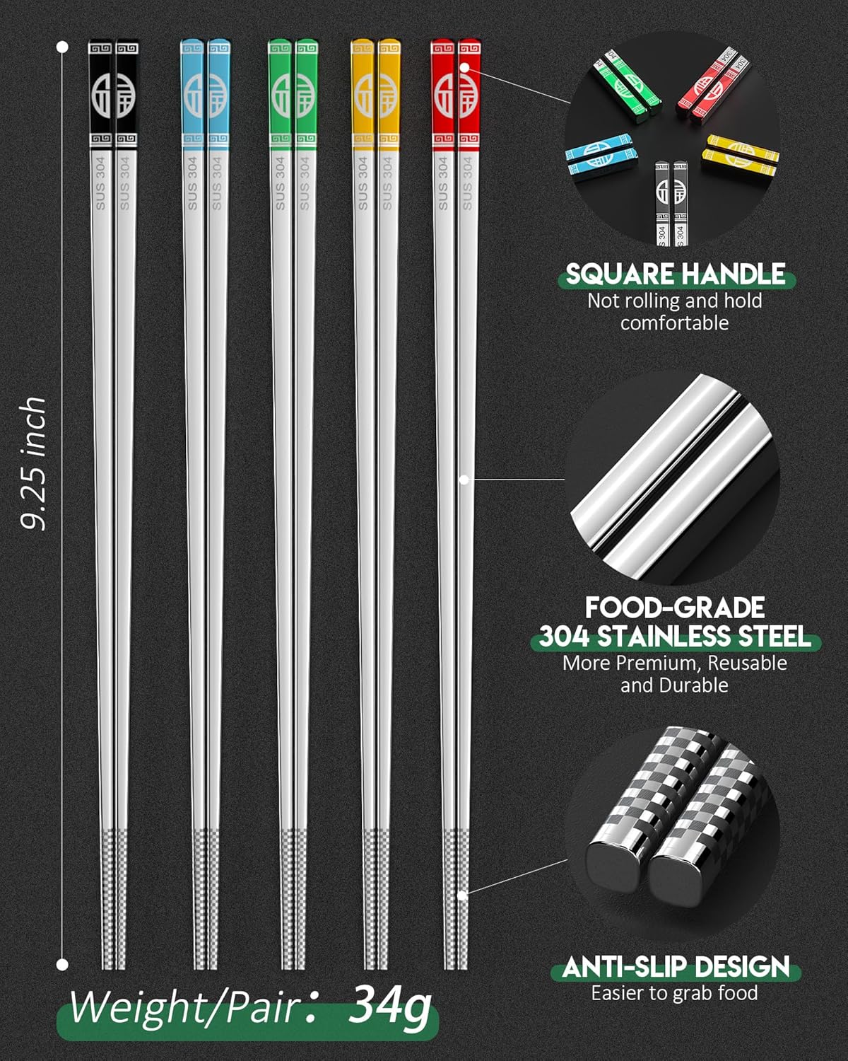 GOESCHANGE 5 pares de palillos de metal, reutilizables, acero inoxidable 188, aptos para lavavajillas, para cocinar y comer, juego de regalo