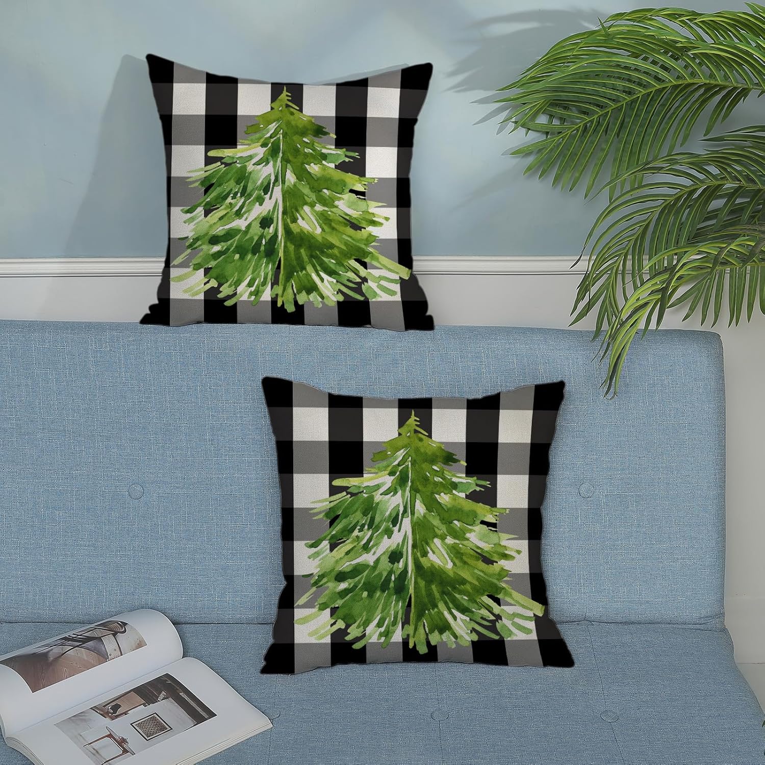 Juego de 2 fundas de almohada de Navidad de 18 x 18 pulgadas, color negro, blanco, gris, a cuadros, verde, decoración de Navidad, funda de cojín de