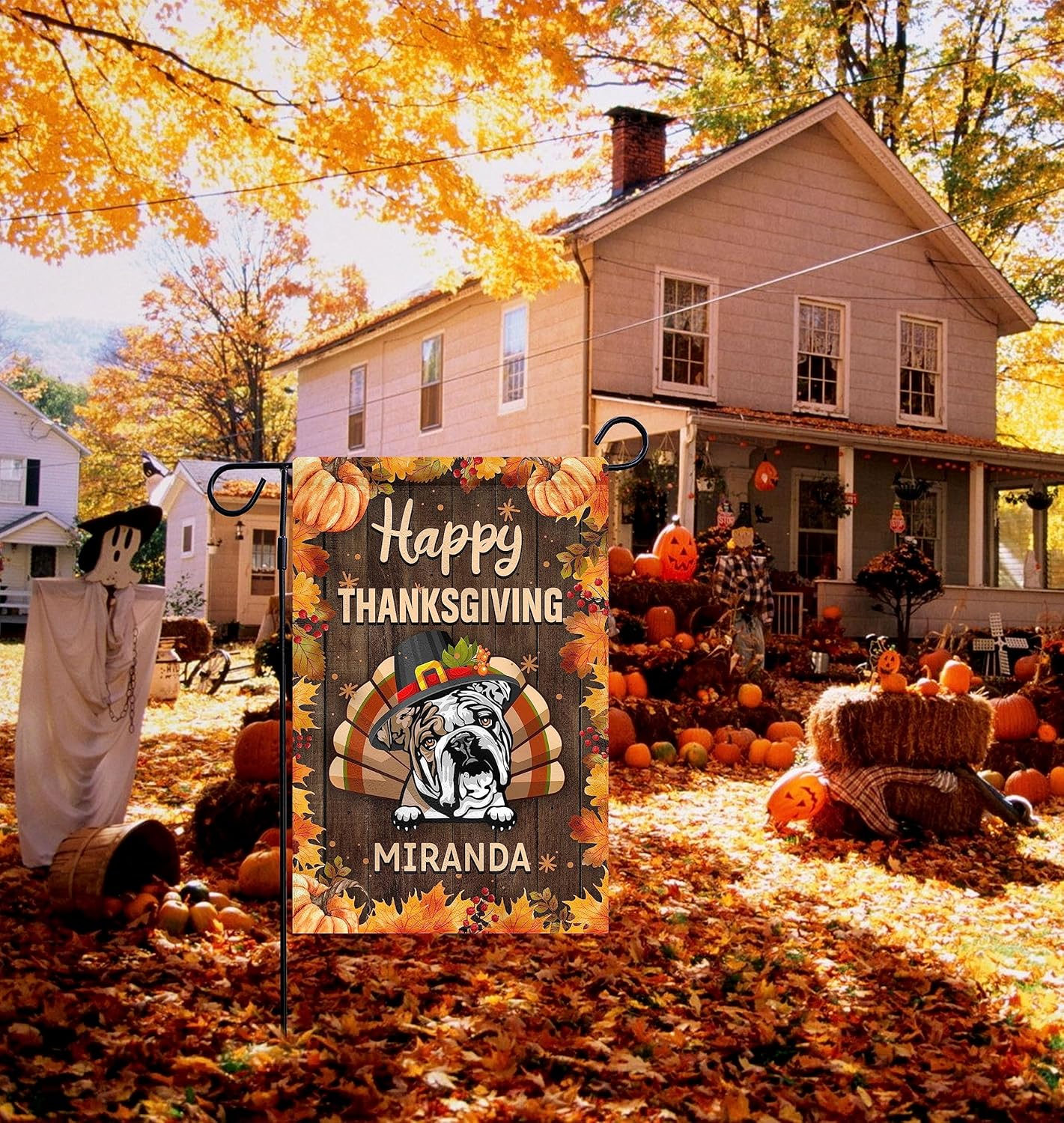 Bandera de bulldog inglés de bienvenida para perro exterior, calabaza, hoja de arce, feliz Acción de Gracias, banderas verticales de doble cara para
