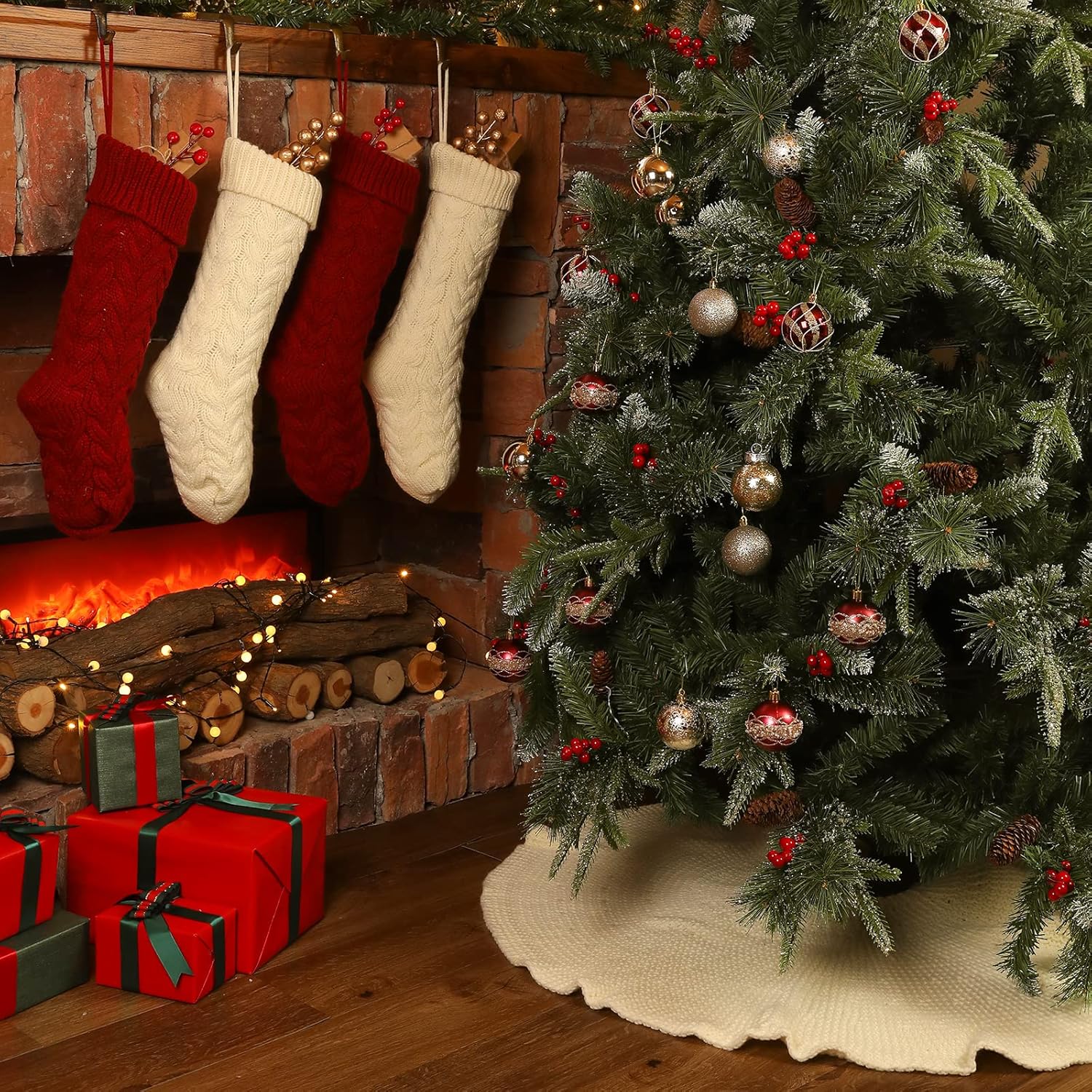 LimBridge Falda de árbol de Navidad de punto 36 pulgadas de falda de árbol blanco crema, borde de hoja de loto de punto trenzado grueso rústico