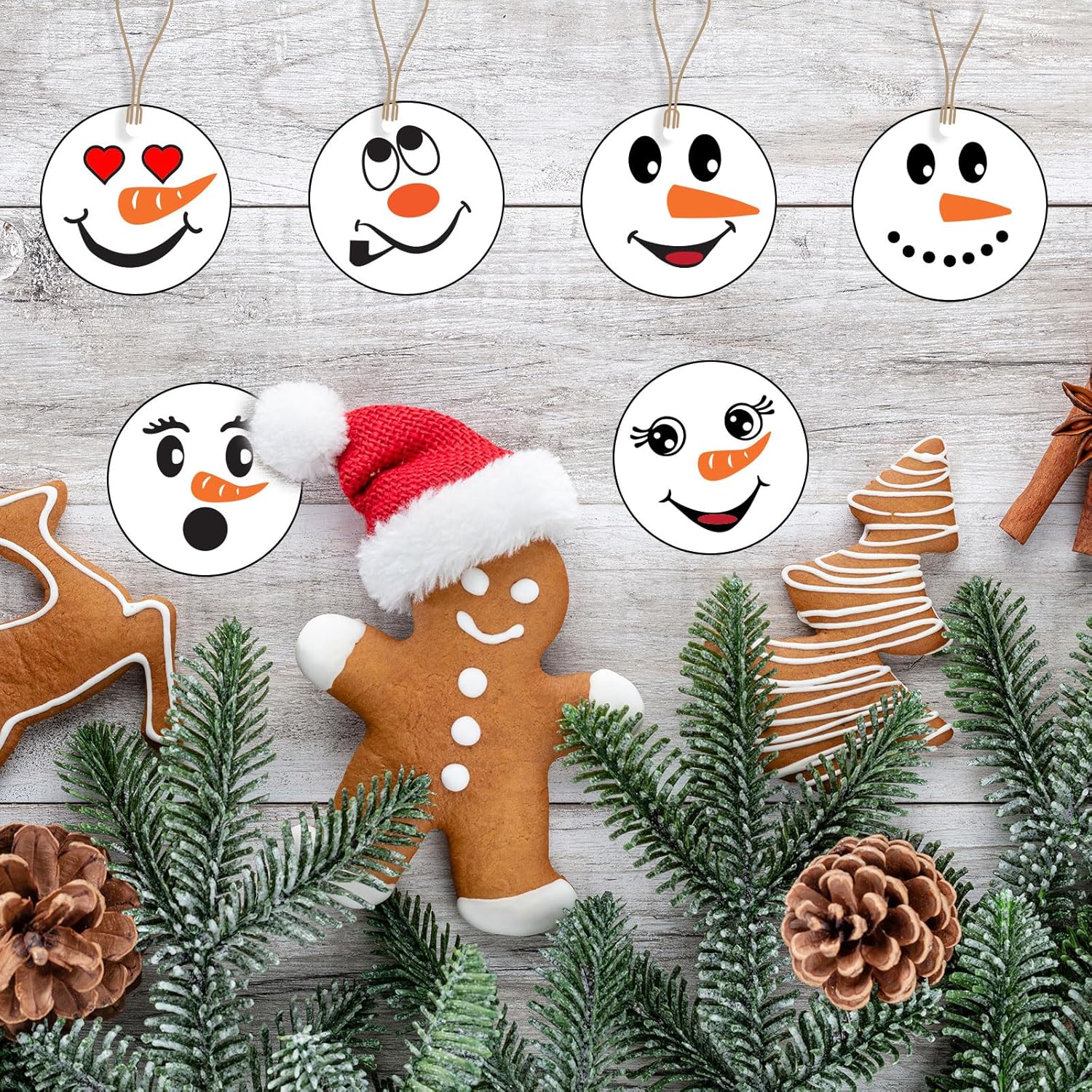 24 piezas de adornos de madera con cara de muñeco de nieve de Navidad, adornos de árbol de Navidad, decoración colgante, cara de muñeco de nieve,