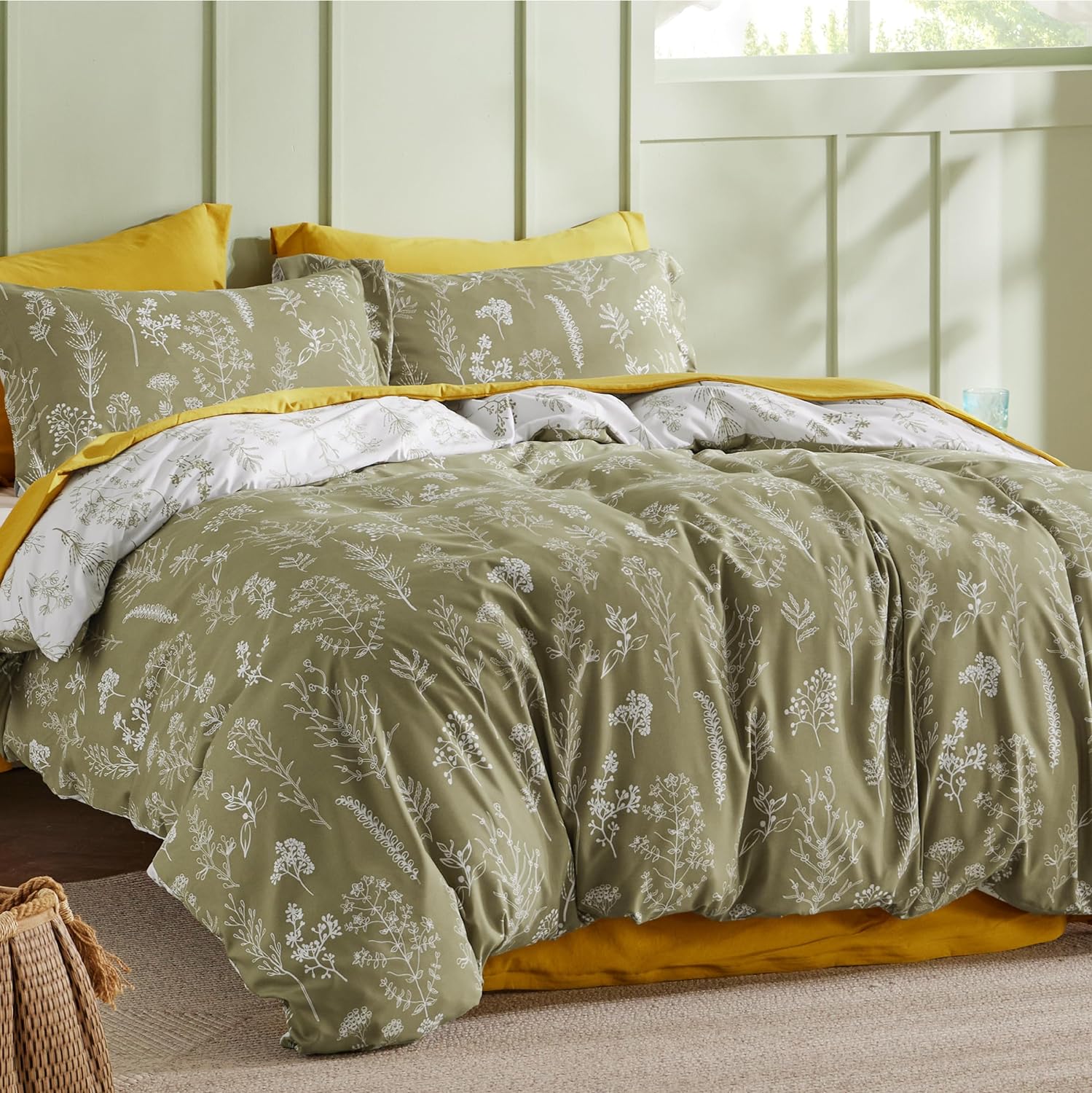 Bedsure Funda de edredón tamaño King  Juego de funda de edredón floral botánica con cierre de cremallera, juego de ropa de cama verde oliva, 3