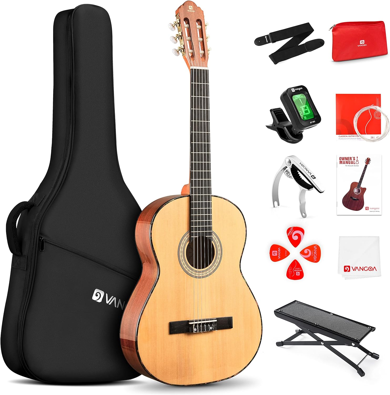 Vangoa Guitarra clásica, guitarra de cuerda de nailon de 39 pulgadas, guitarra española para principiantes de tamaño completo con tapa de abeto y