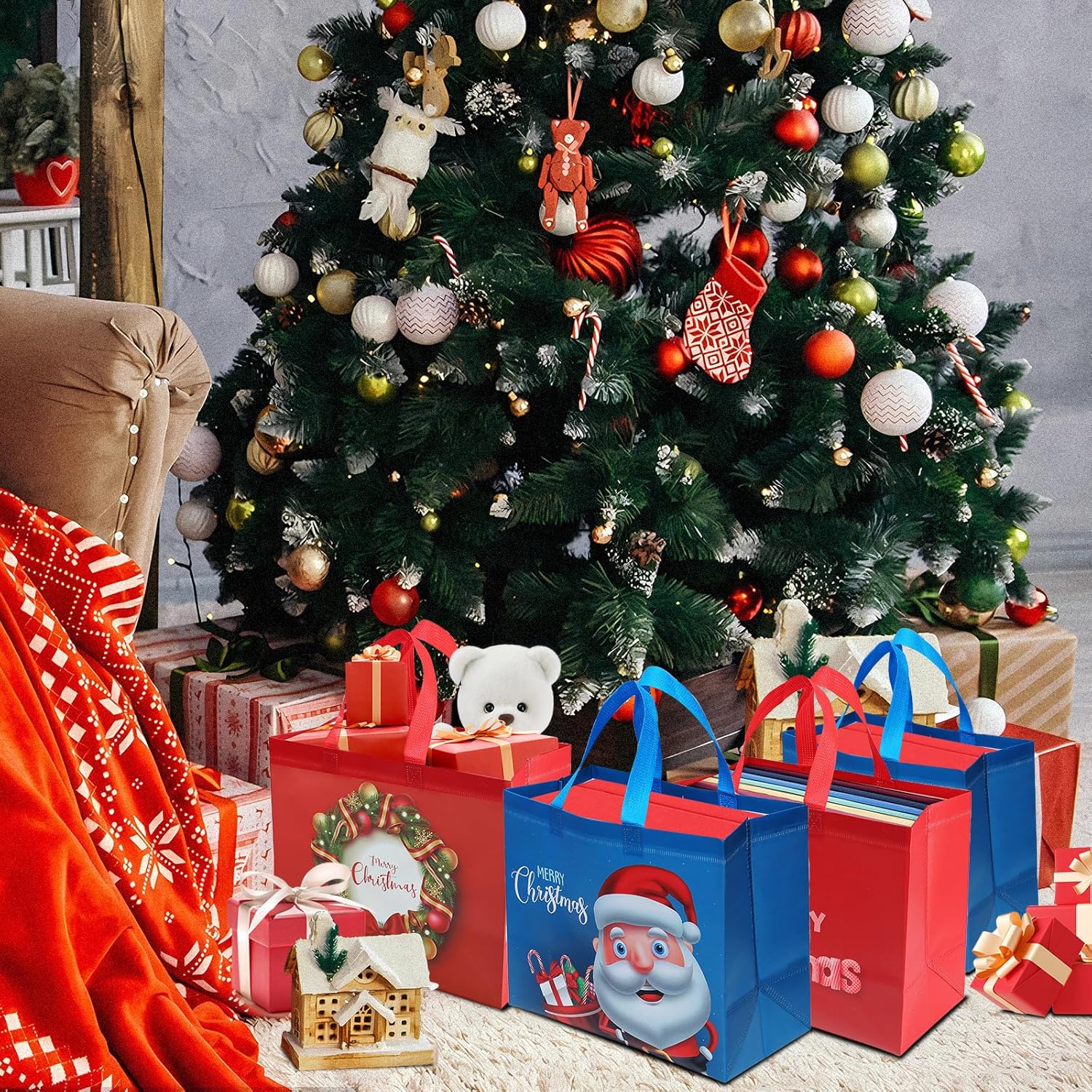 Bolsas de regalo de Navidad, 6 bolsas de regalo grandes para regalos de Navidad, bolsas de regalo reutilizables con asas, bolsas de Navidad, bolsas