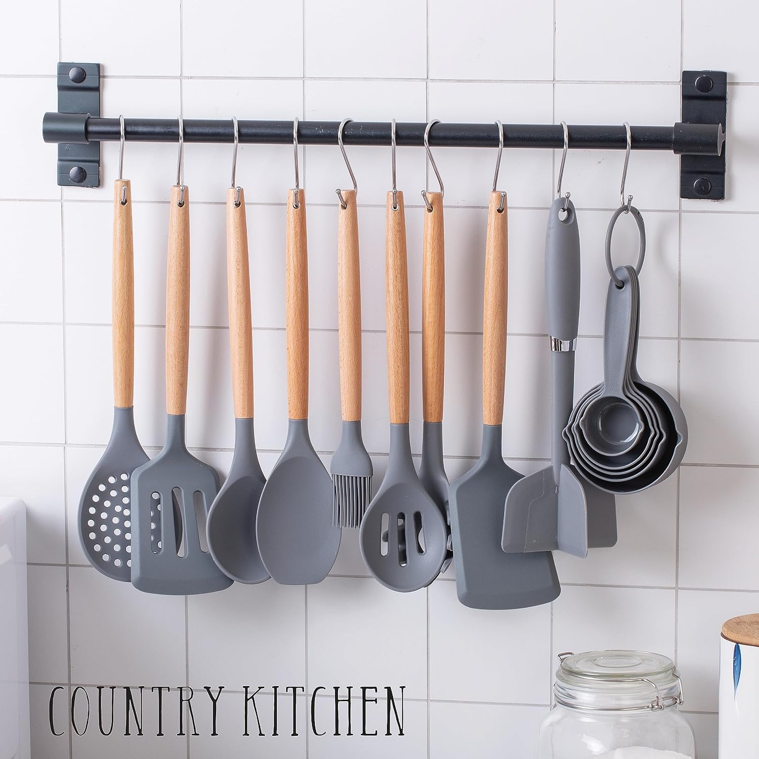 Country Kitchen Juego de utensilios de cocina  Juego de 38 espátulas de silicona antiadherentes con soporte, asas de madera y utensilios resistentes