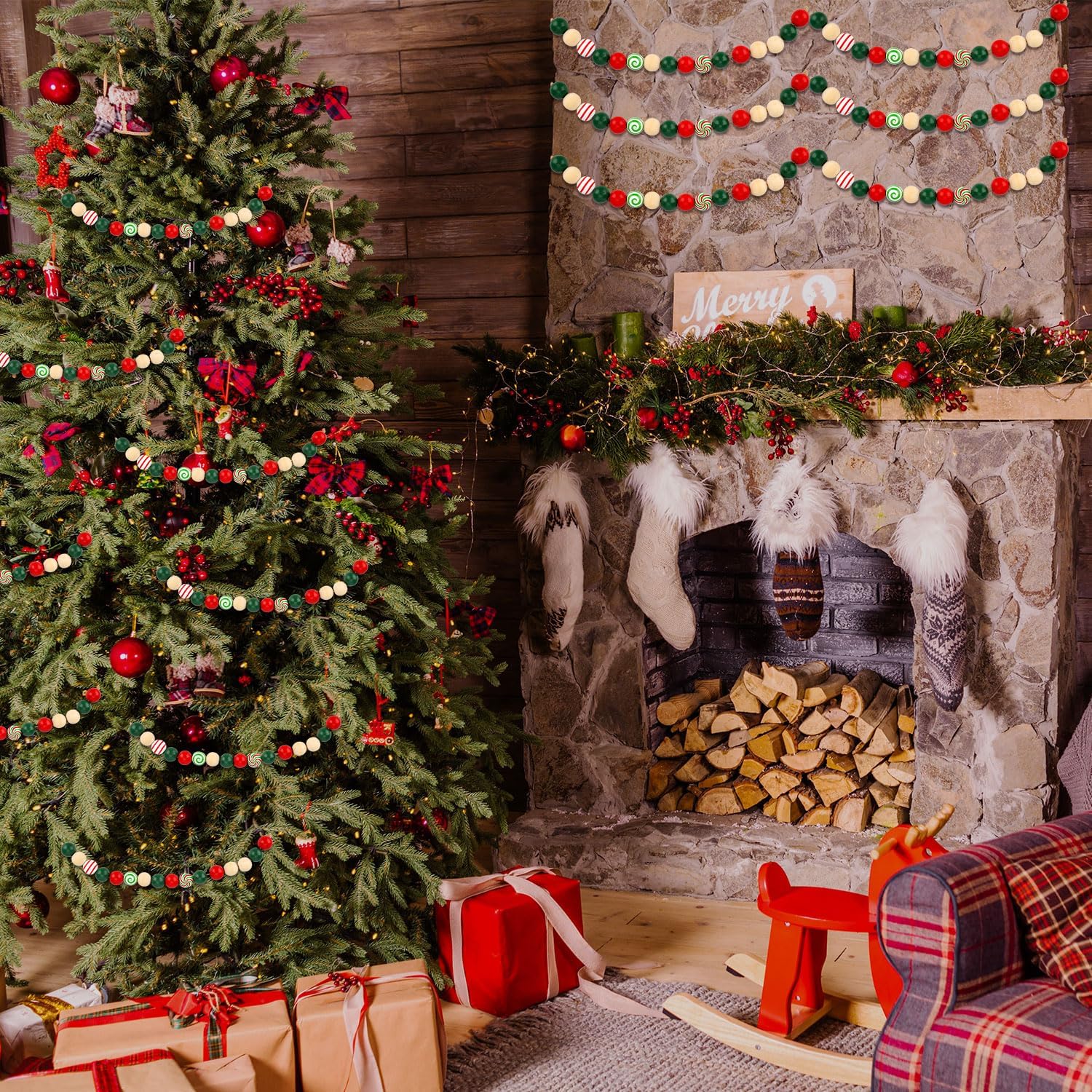 240 cuentas de madera de Navidad para manualidades, cuentas de madera coloridas de 0.63 pulgadas con cuerda de cáñamo de 65.6 ft, redonda de madera