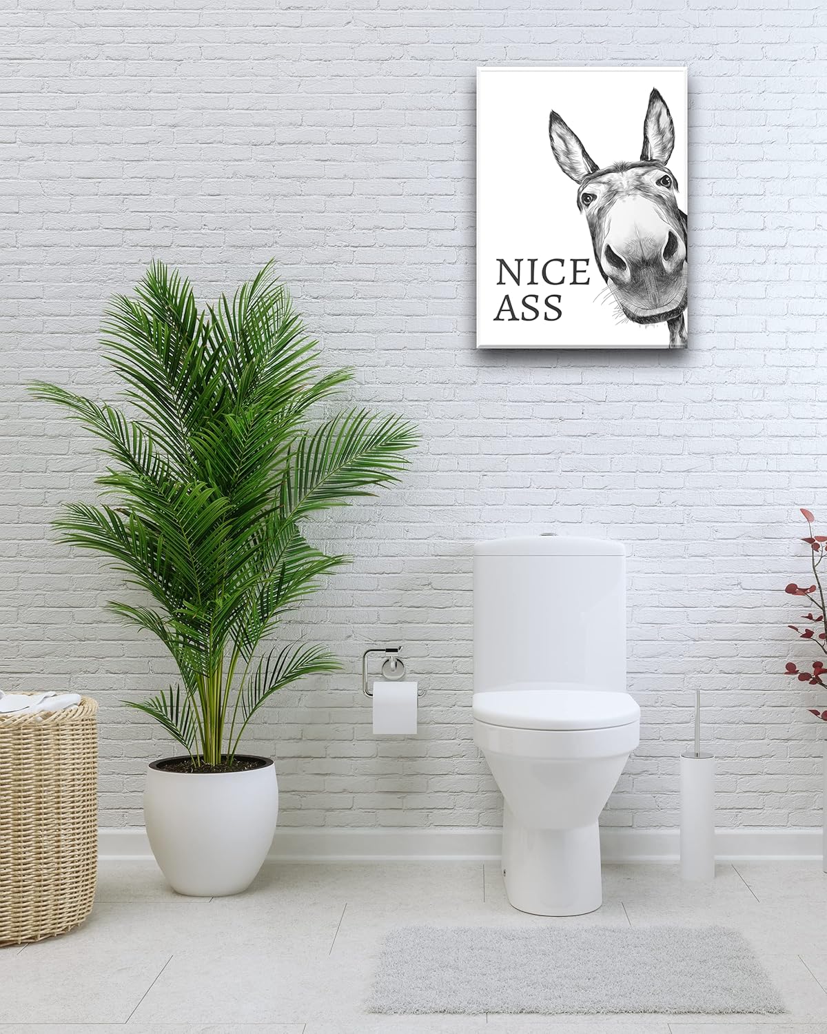UPWOIGH Divertida decoración artística de pared de baño, arte de pared de burro blanco y negro, lienzo enmarcado de madera impermeable, impresiones