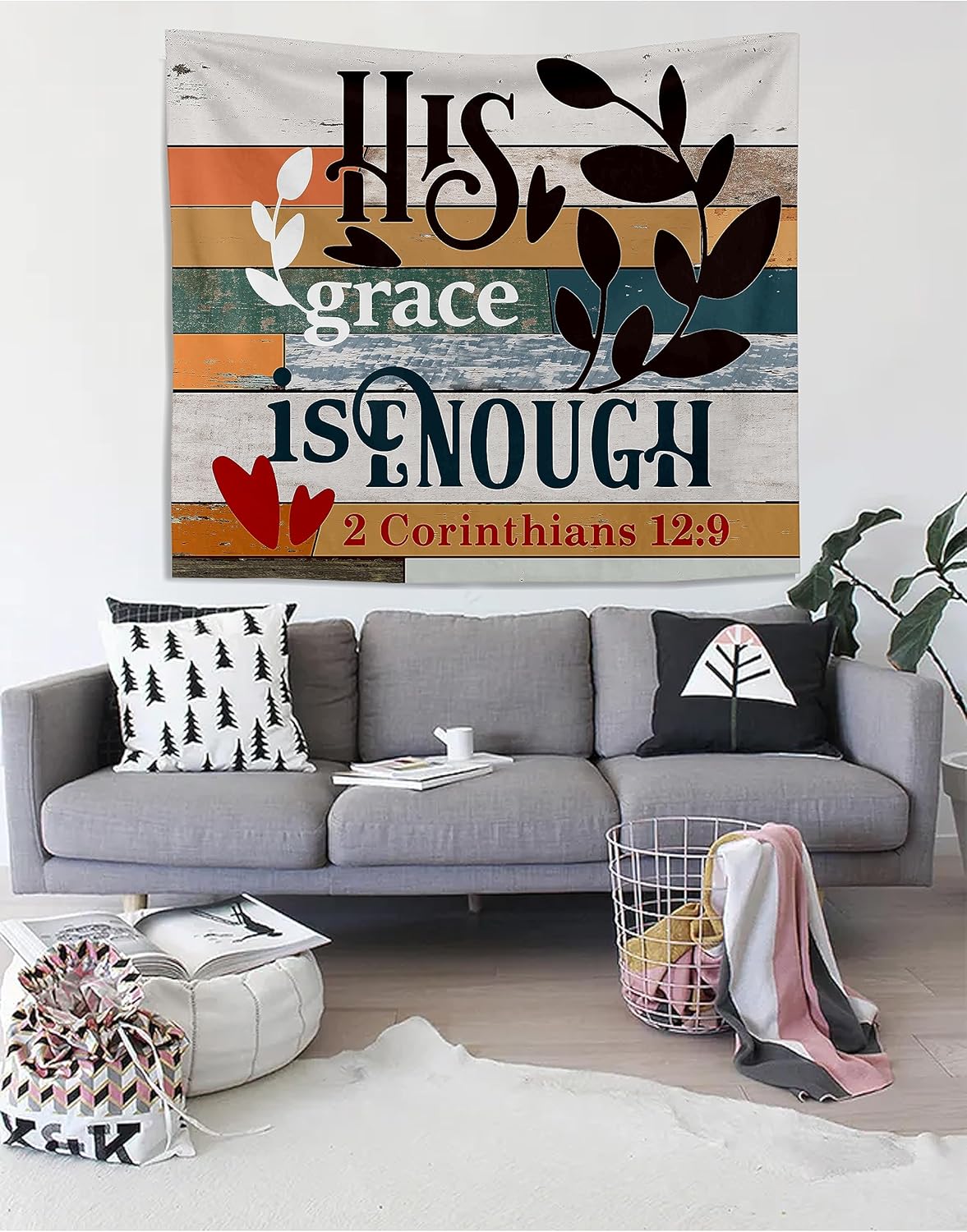 Knibeo Tapiz cristiano con texto bíblico 2 Corintios 129 His Grace is Enough – Tapices religiosos para colgar en la pared, decoración para el hogar