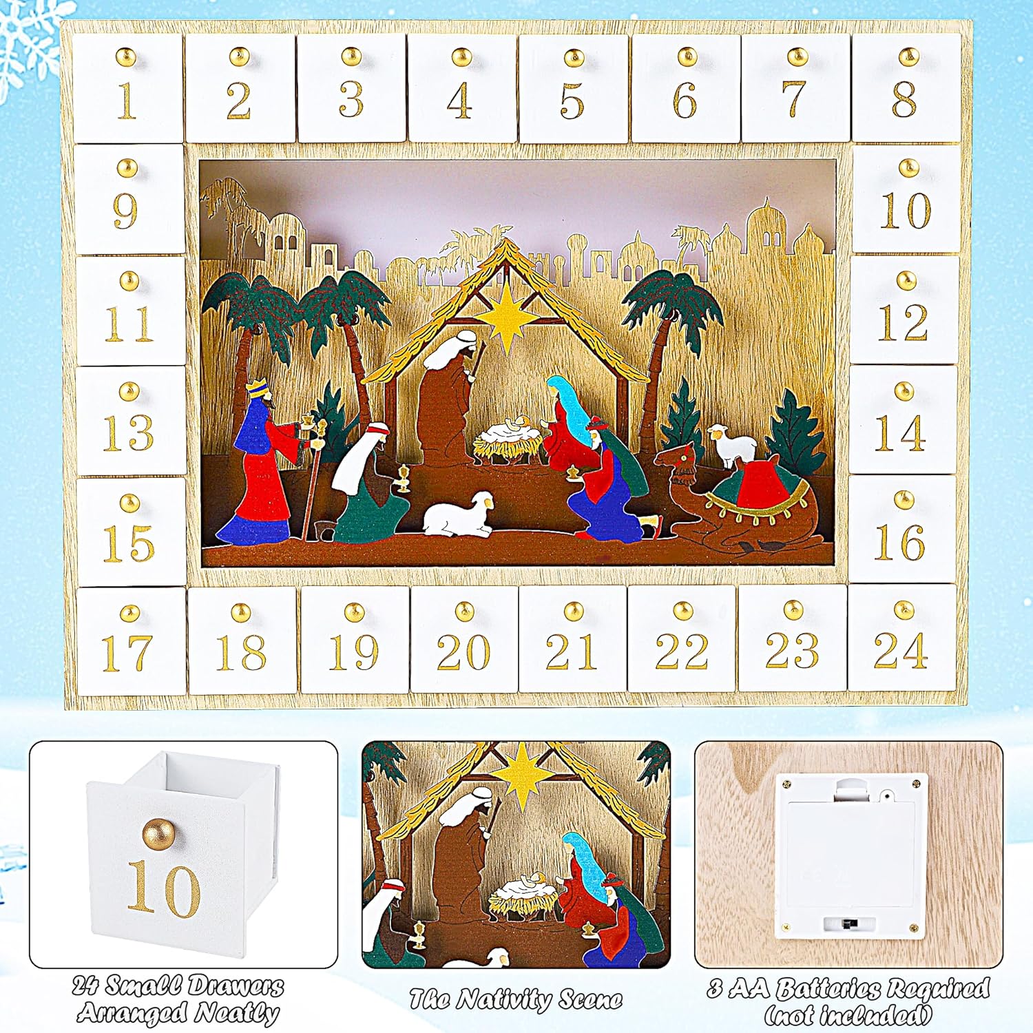 Lulu Home Calendario de Adviento de Navidad, 2023 caja de Adviento con iluminación de belén con cajones, cuenta regresiva de 24 días para Navidad,