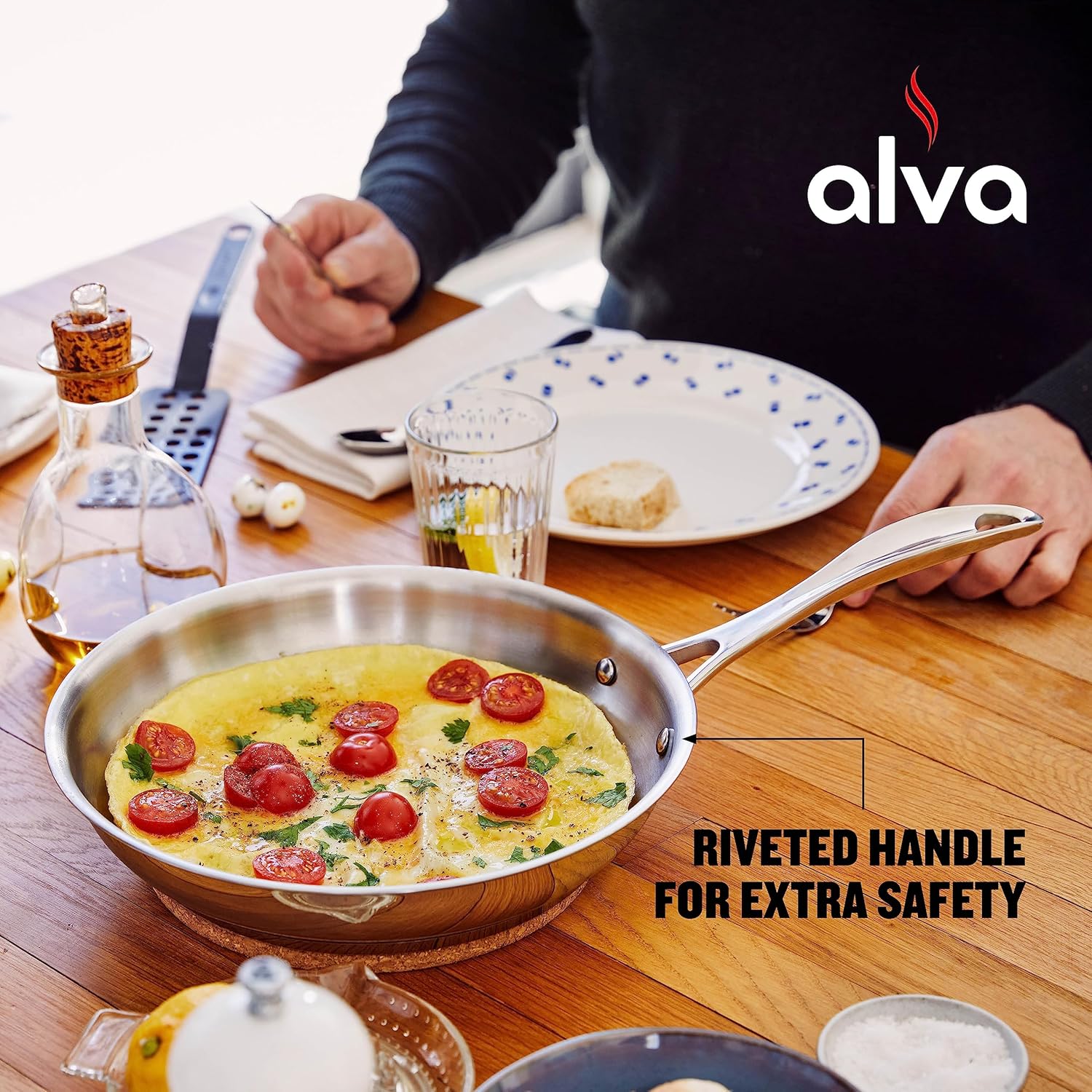 Alva Sartén para chef, sartén de acero inoxidable, apta para horno, compatible con inducción, sartén para tortilla apta para lavavajillas, sartén