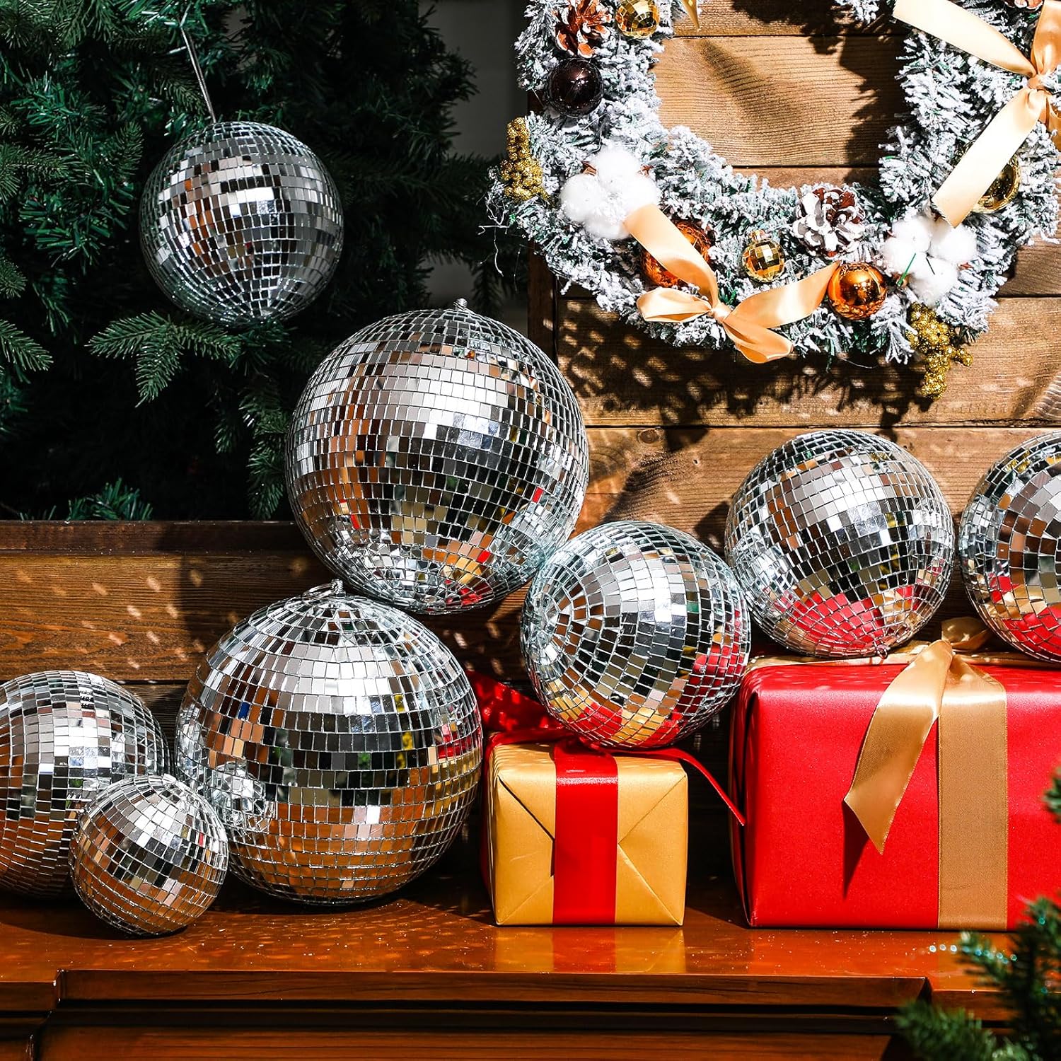 Juego de 8 bolas de discoteca grandes con espejo plateado, bolas reflectantes con anillo para colgar, adorno colgante de fiesta, decoración para