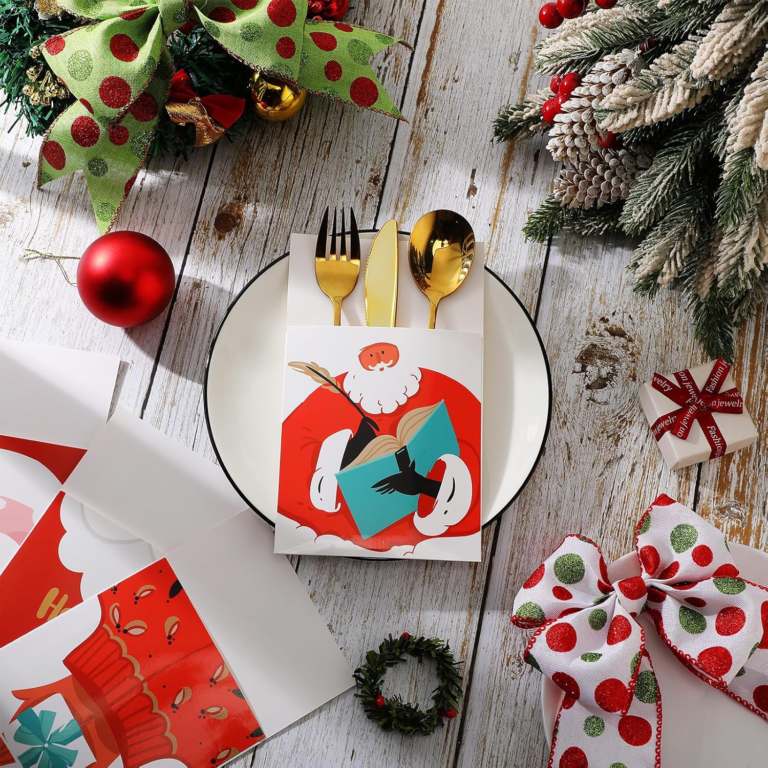 48 soportes para cubiertos de Papá Noel de Navidad, con bolsillos, soporte para cubiertos de Navidad, bolsas, cuchillos, tenedores, bolsa para