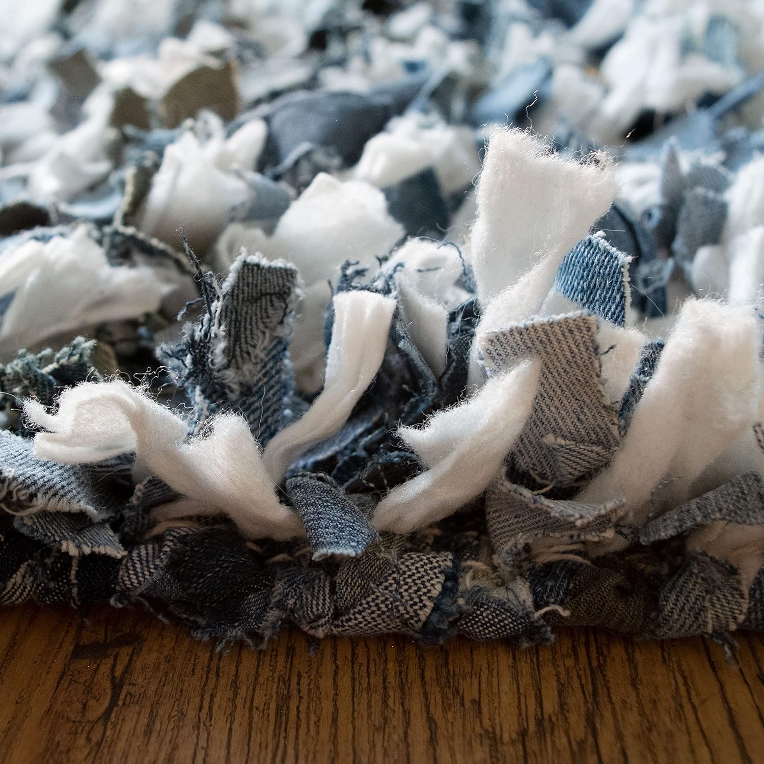 Chardin home Rainbow Shag Rug Denim Blues and White  Boho Rug for Bedroom, Kitchen, Entrance Bathroom and More  Recycled Rag chindi Shaggy Rug 20×30