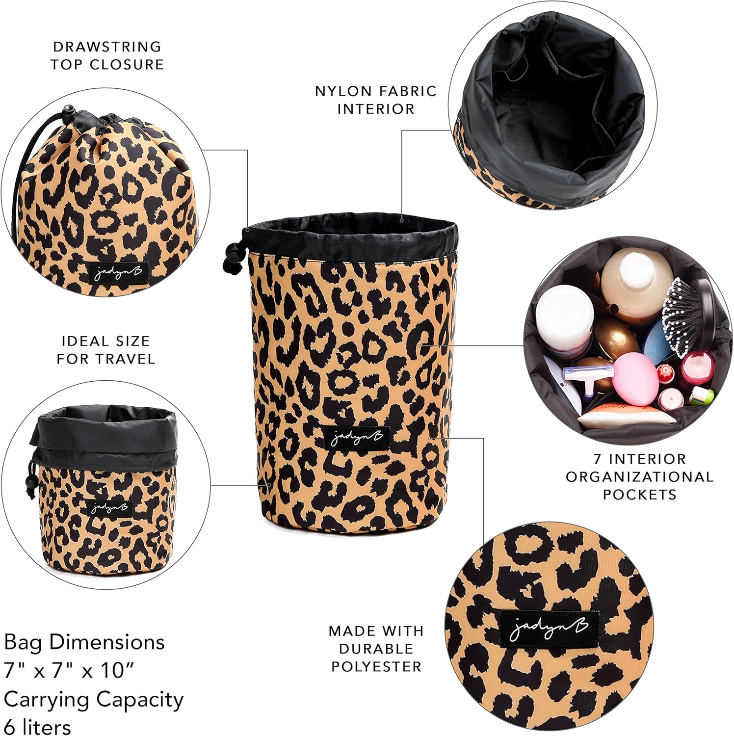 Jadyn Cinch Top – Bolsa compacta de maquillaje de viaje y organizador de cosméticos para mujer, Leopardo, Cinch cosmético