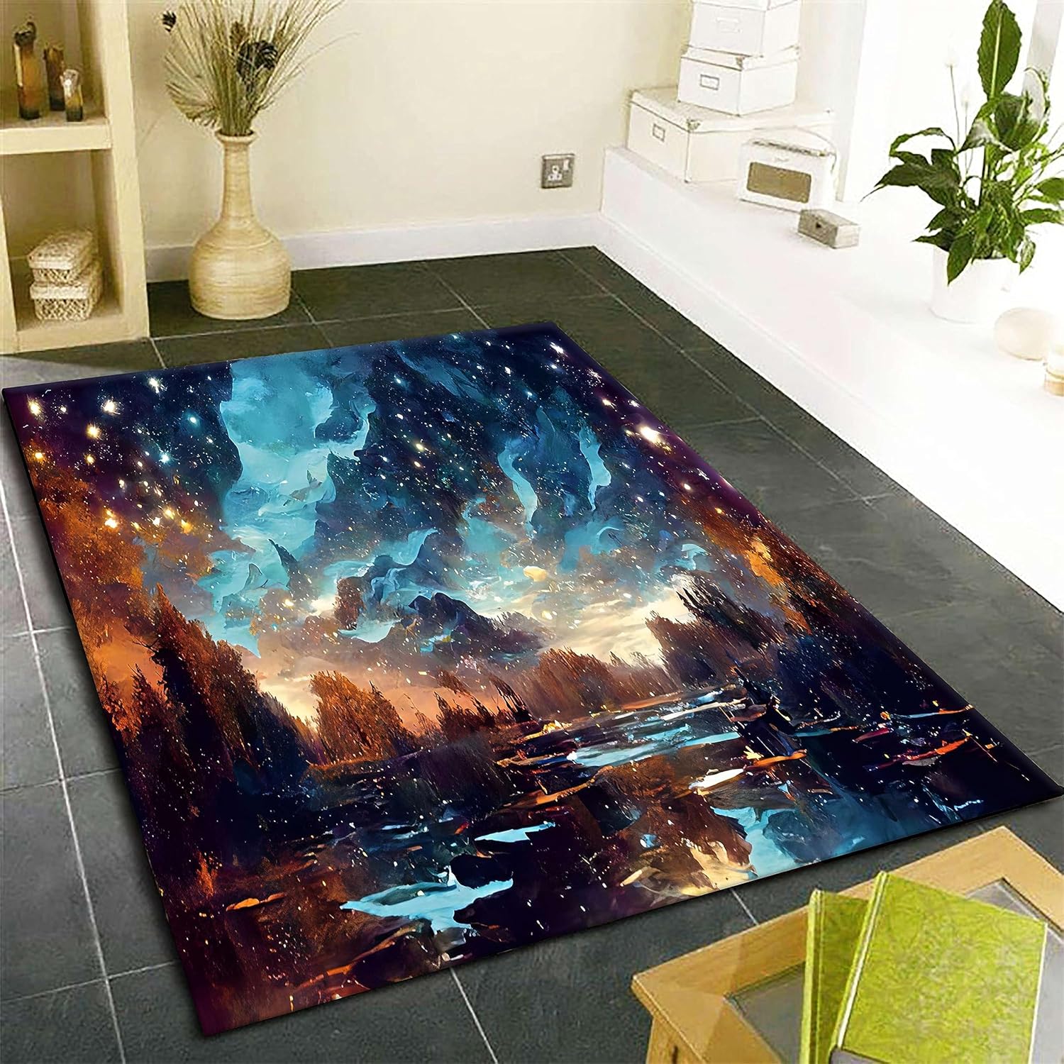 Alfombra de bosque de 3 x 4 pies, hermoso diseño de impresión 3D de cielo estrellado brillante, diseño de impresión 3D, elegante y grande, adecuada