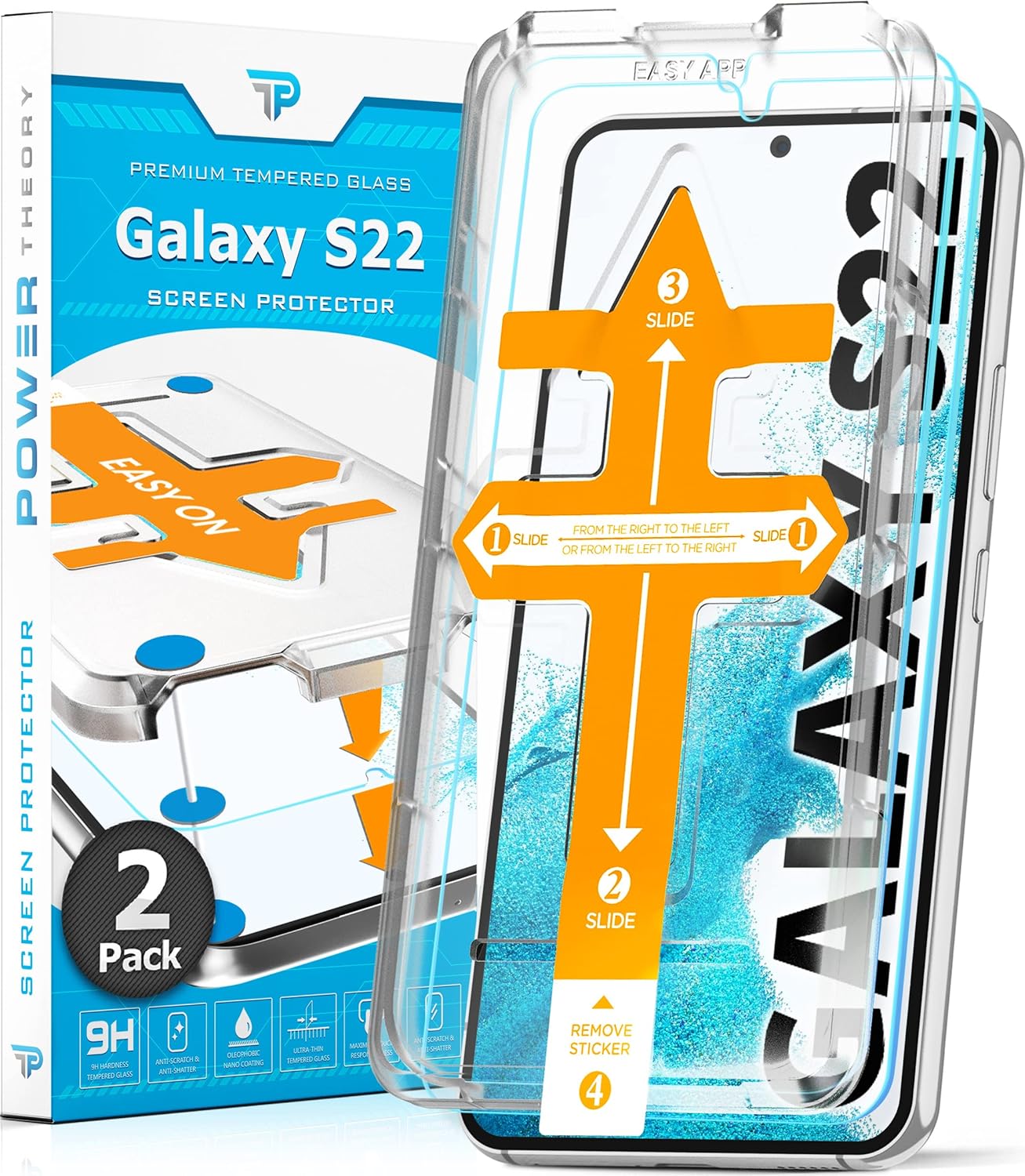 Power Theory Protector de pantalla diseñado para Samsung Galaxy S22 5G, vidrio templado dureza 9H, kit de fácil instalación, 99% HD libre de