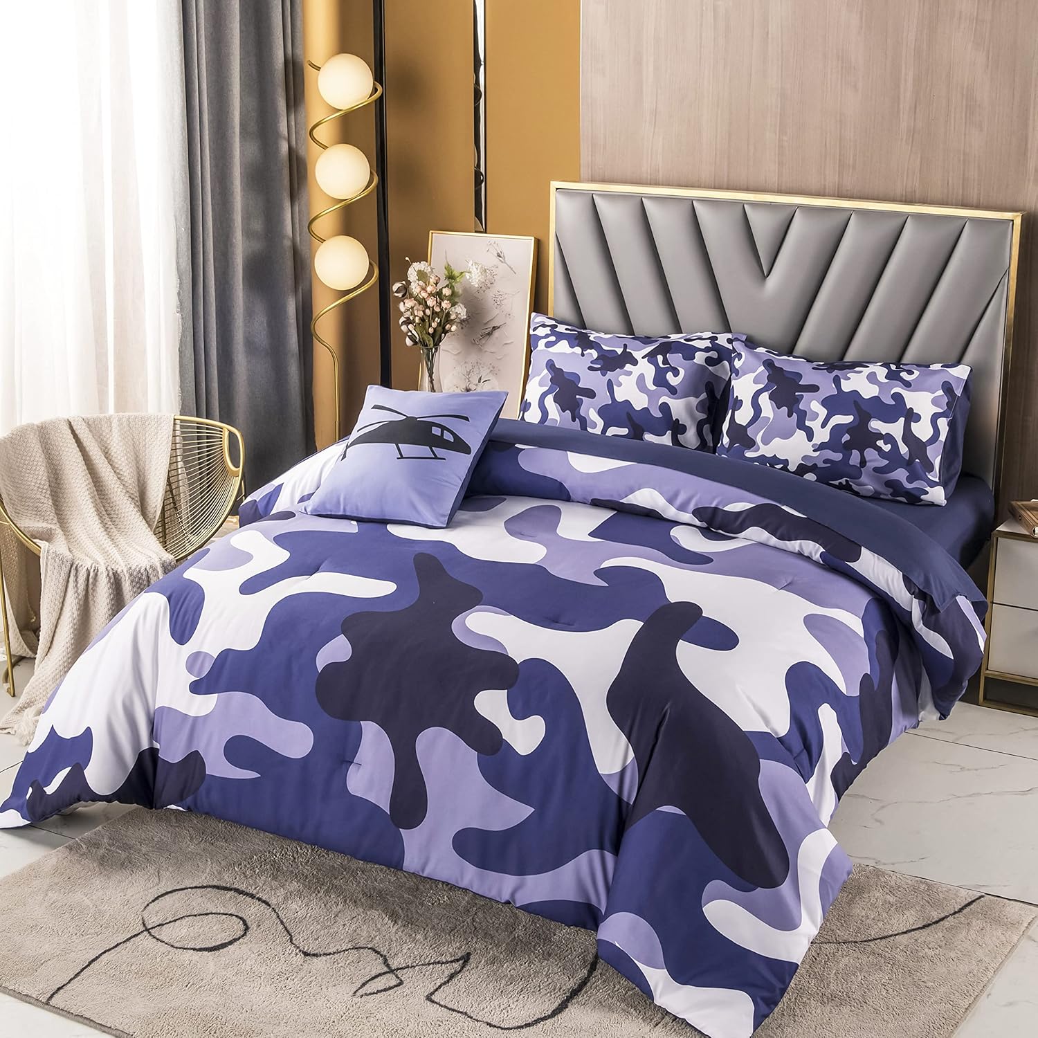 PERFEMET Juego de edredón de 6 piezas de camuflaje azul, cama individual en una bolsa, juegos de ropa de cama de camuflaje militar de granja con