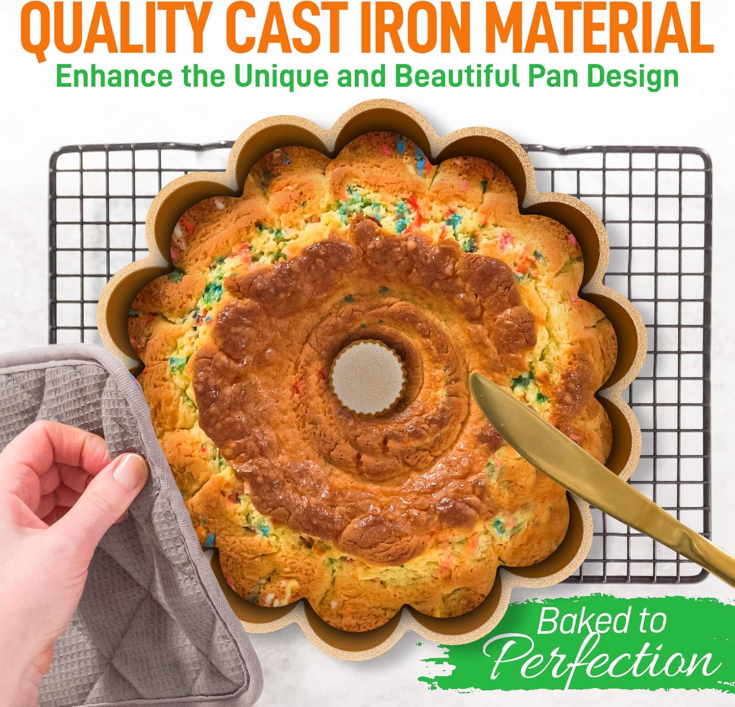 NutriChef Molde para pasteles Marquise Bundt de 9 pulgadas, utensilios para hornear de aluminio fundido grueso y pesado con bordes estriados de