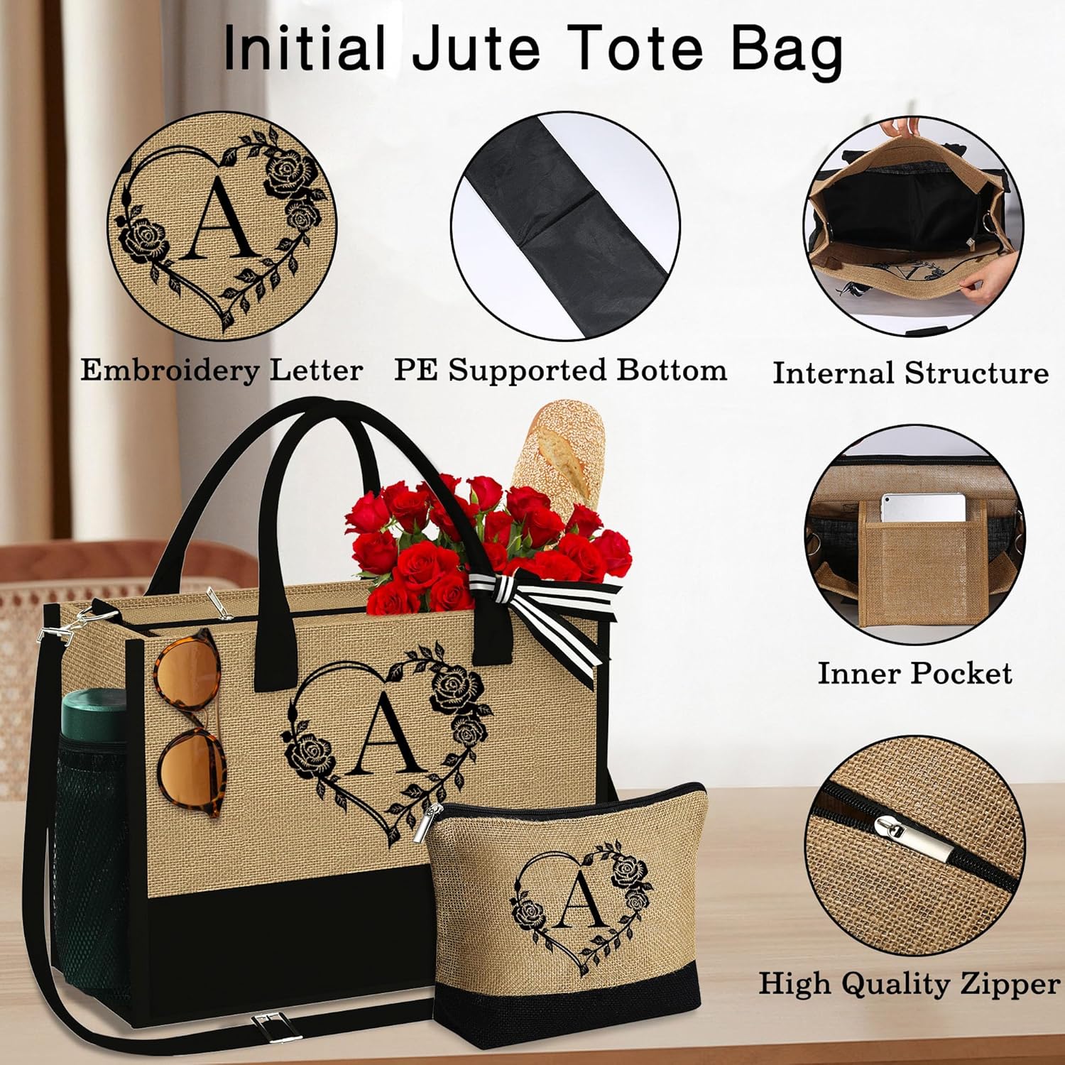 Bolsa de yute para la playa con cremallera, artículos esenciales de viaje para mujeres, amigas, mujeres, cumpleaños, damas de honor, regalos