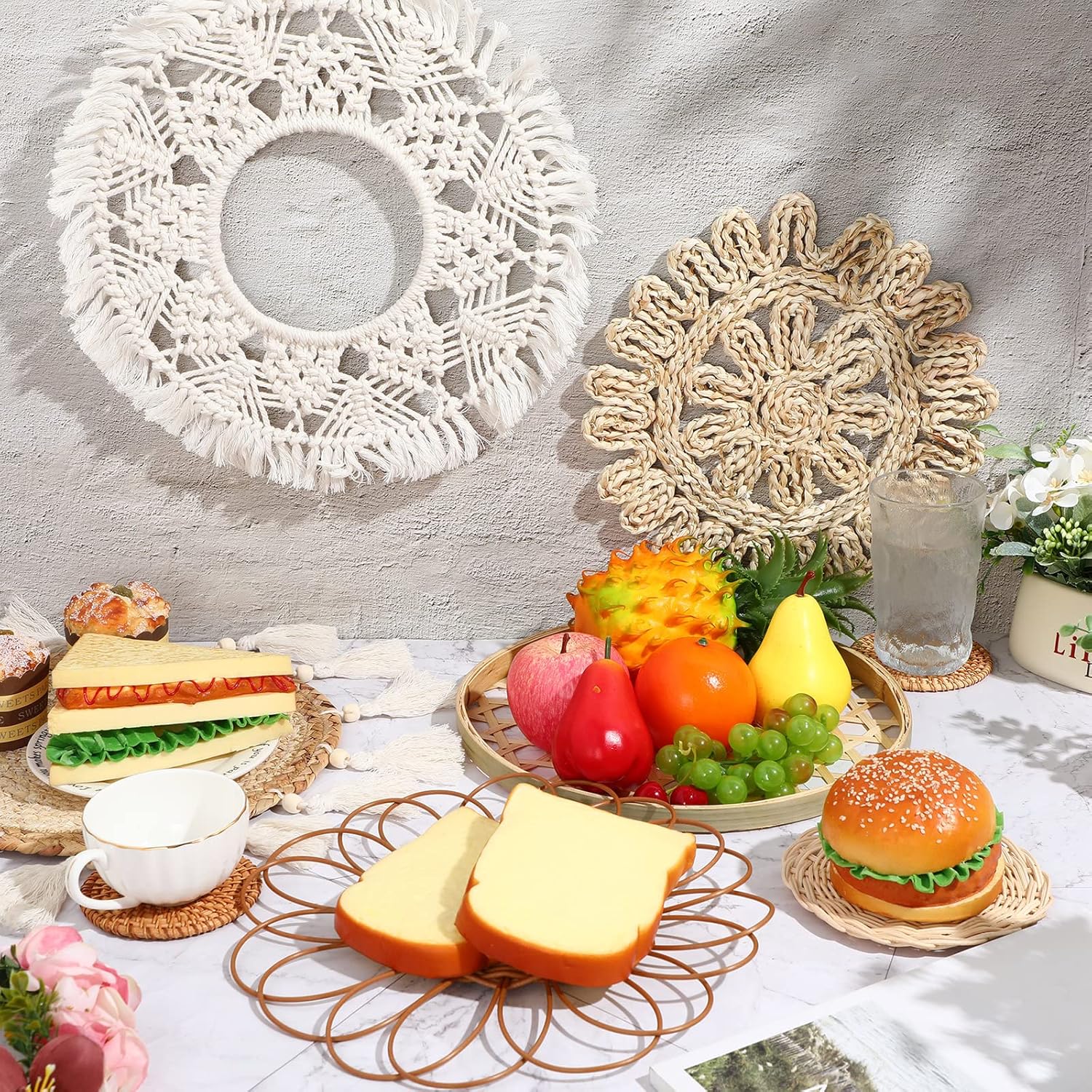 Juego de 8 cestas de pared bohemias para decoración de pared, cesta tejida plana, juego de decoración de pared de ratán, cesta redonda de bambú para