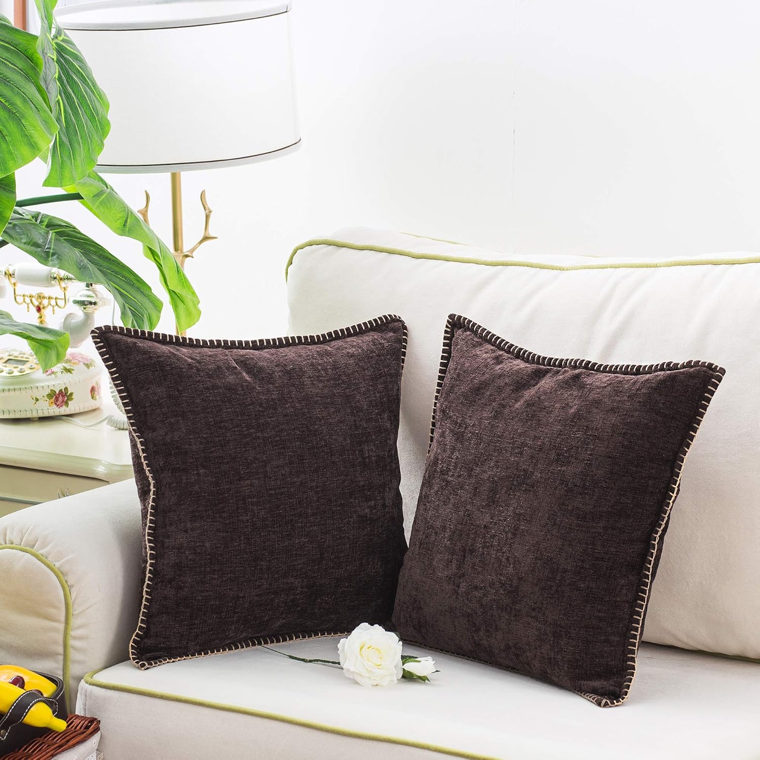 CaliTime – Juego de 2 fundas de almohada de algodón con color liso, felpilla suave y costuras en los bordes para decoración, sofá, sillón, casa y