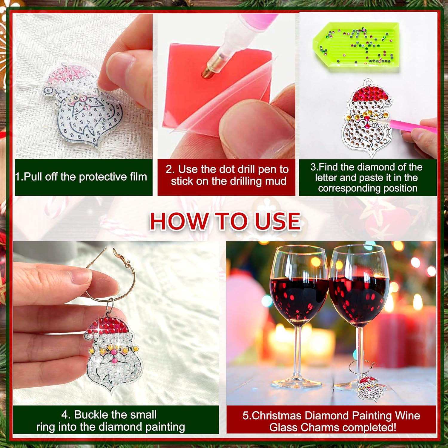 8 piezas de dijes de copa de vino de Navidad, arte de diamantes para copas de vino, kit de arte de diamantes para principiantes, adultos y niños