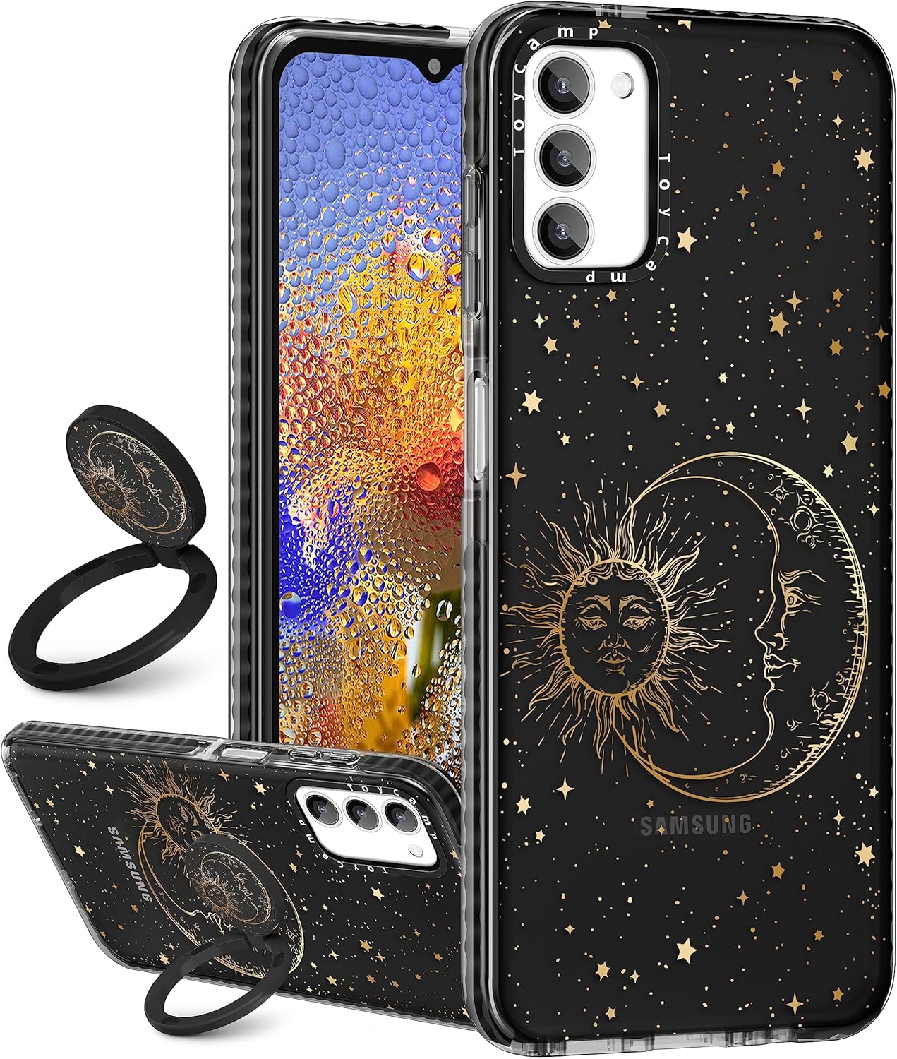 Toycamp Funda para teléfono Samsung Galaxy A03S con soporte de anillo, diseño de fantasía con purpurina de sol, luna, estrellas, fantasía para