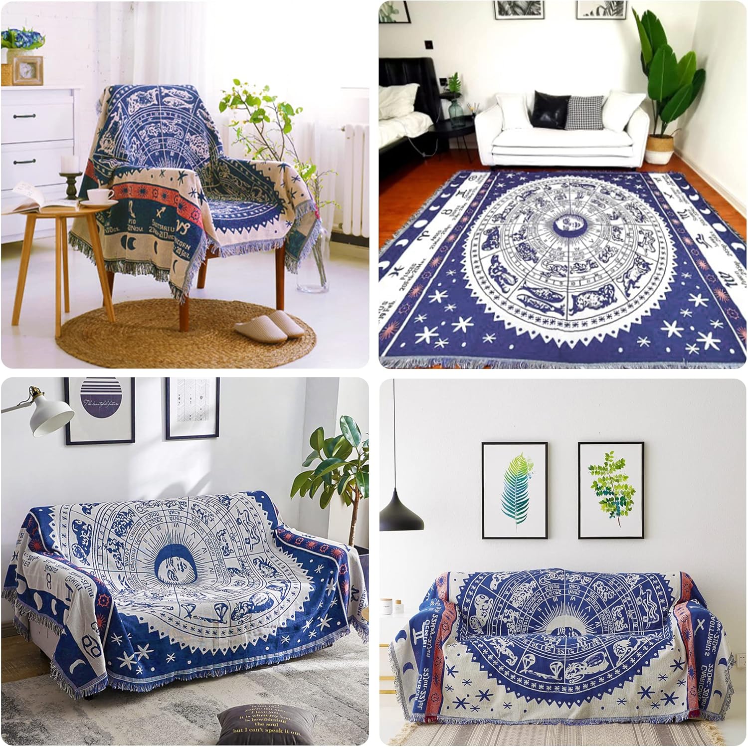 Astrology Throw BlanketBohemian Hippie Woven Witchy Zodiac Celestial Constellation Balnket for Home Decor, Double Side CoverChair Sofa Couch(Blue,
