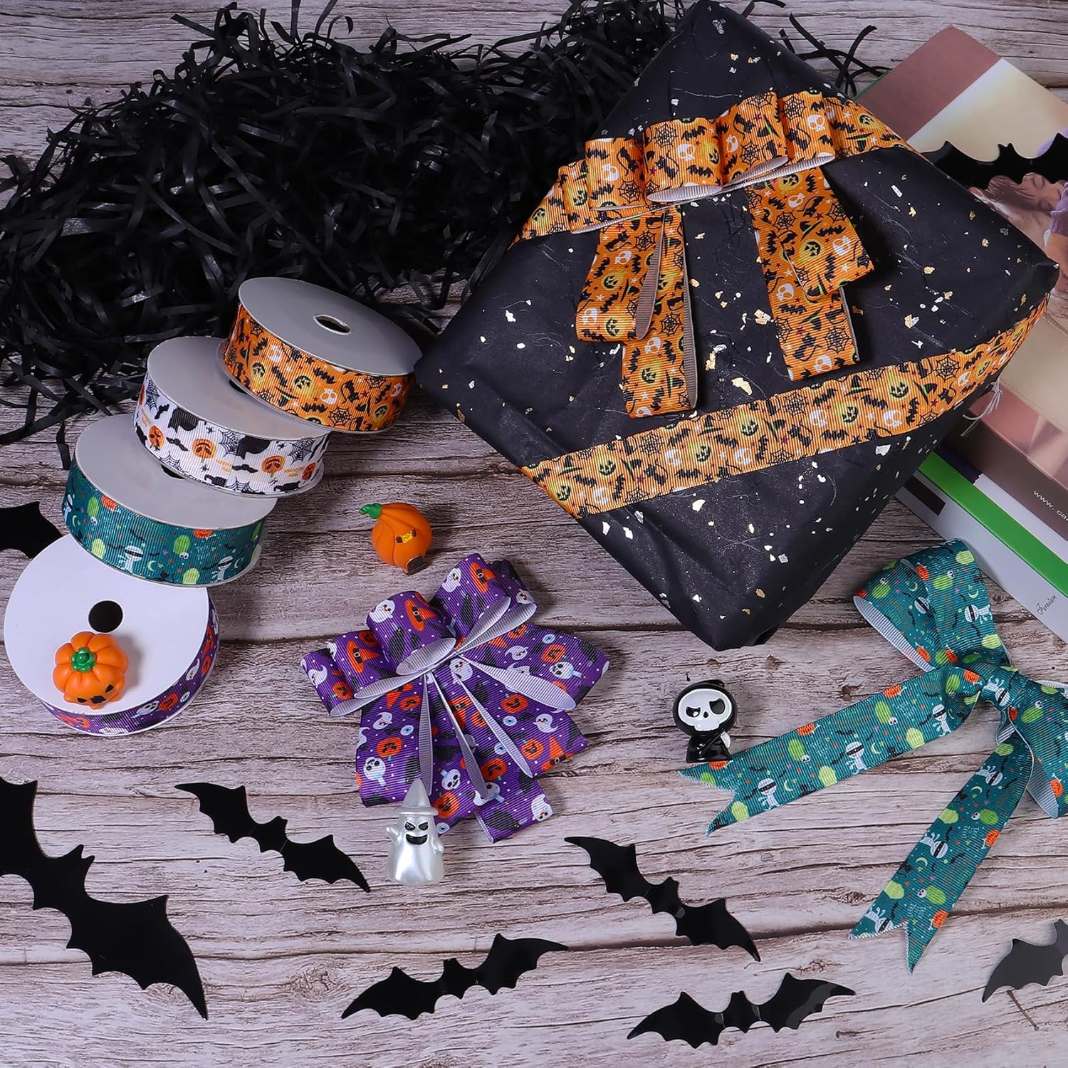 Hiswan Cinta de grogrén de 1 pulgada para envolver regalos, decoración de Halloween, calabaza, gato negro, fantasma, manualidades, cinta fina para