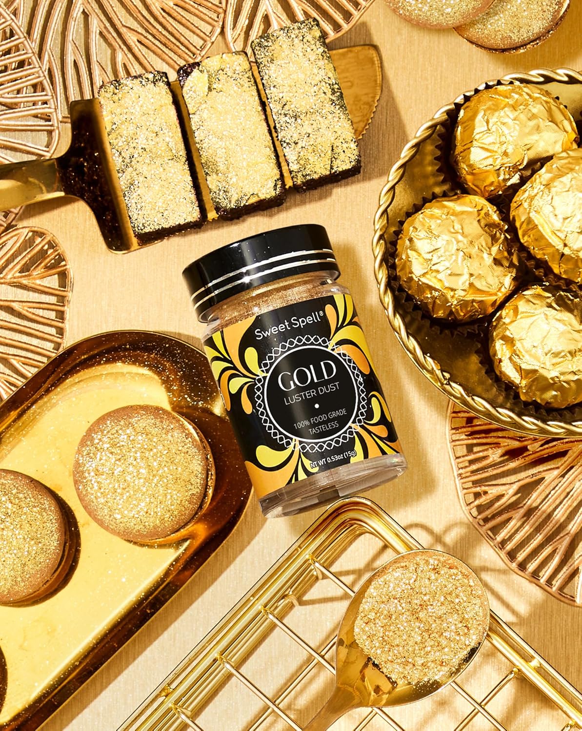 Sweet Spell Gold Luster Dust – Purpurina comestible (0.53 oz)  Polvo de perlas brillantes para decorar pasteles, chocolate, bebidas, cócteles, 100%