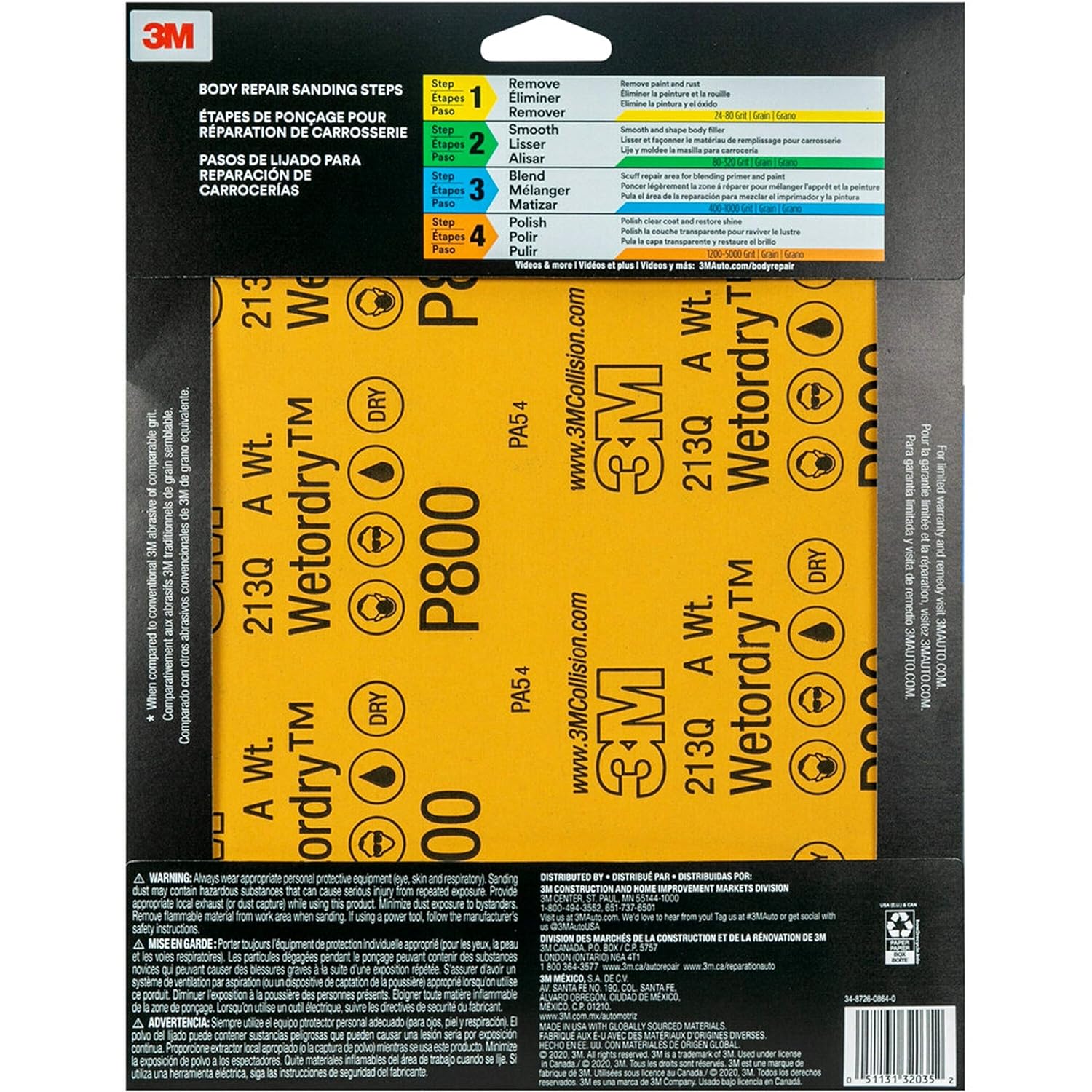 3M Wetordry – Papel de lija 32035, grano 800, 9 x 11 pulgadas, 5 hojas por paquete