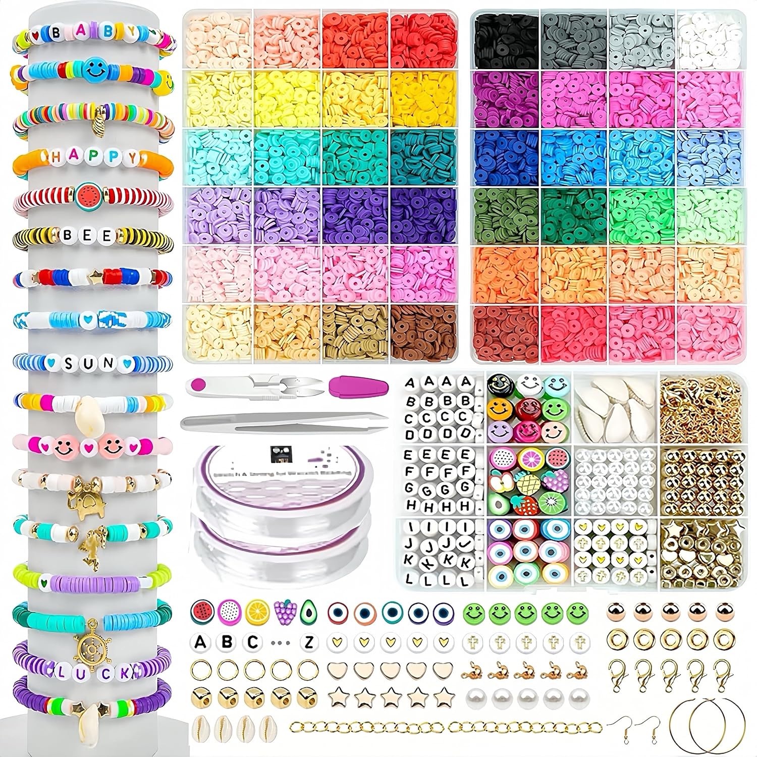 Kit de fabricación de pulseras de 12000 cuentas de arcilla, 48 colores, 3 cajas de cuentas de letras de arcilla polimérica para hacer pulseras,