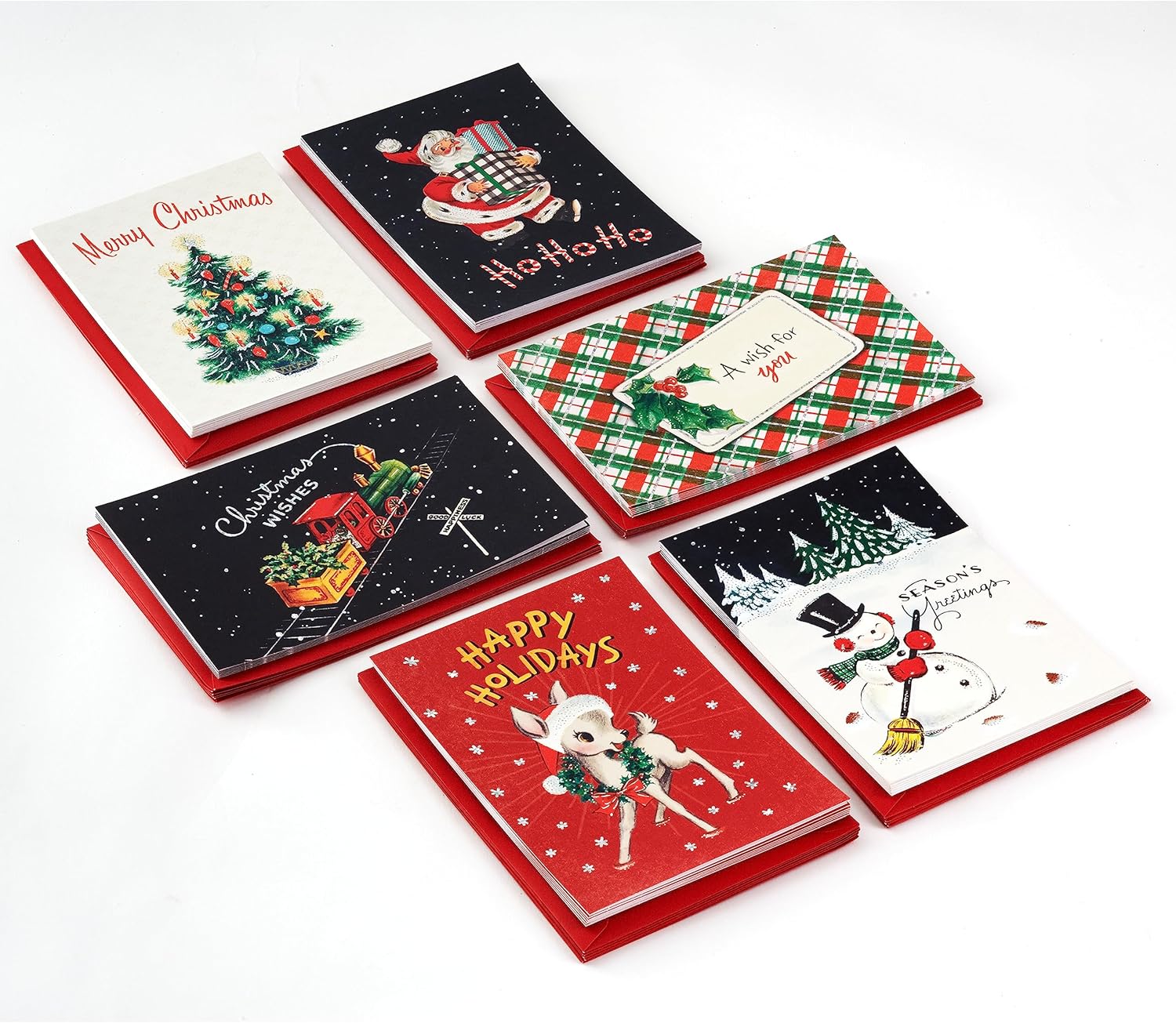 Hallmark Surtido de tarjetas navideñas vintage (36 tarjetas y sobres) Papá Noel retro, trenes de juguete, muñecos de nieve, árboles