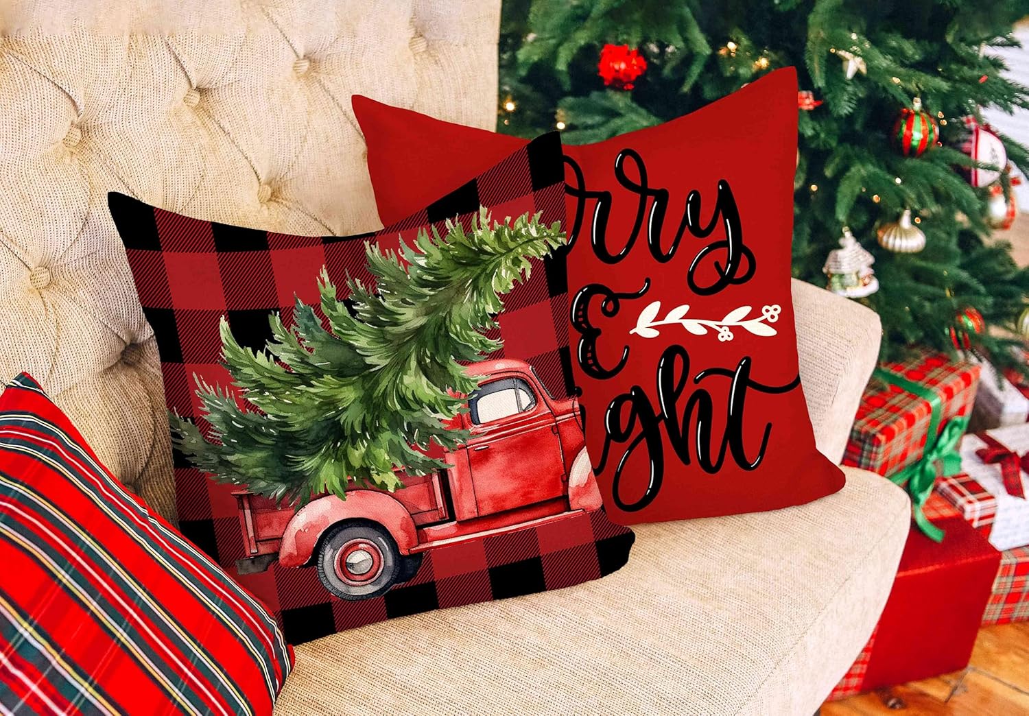 4TH Emotion Juego de 4 fundas de almohada navideñas de 18 x 18 pulgadas, decoración de Navidad de granja, diseño a cuadros rojos y negros, Papá