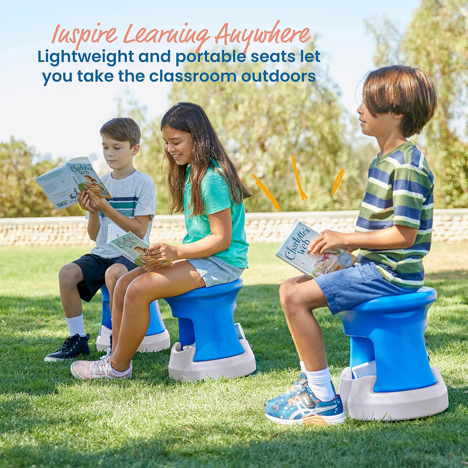ECR4Kids Taburete tambaleante de almacenamiento, altura del asiento de 15 pulgadas, asientos activos, azul