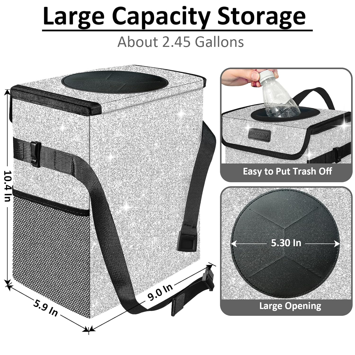 Bote de basura para automóvil, bonita bolsa de basura para automóvil con tapa, cubo de basura con purpurina para colgar para asiento trasero,