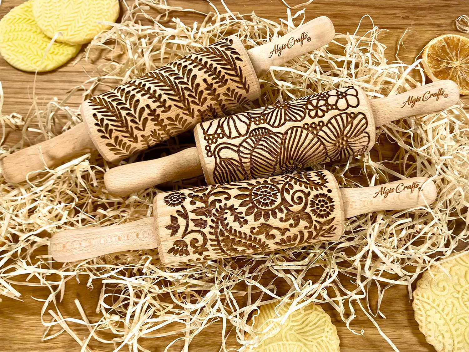 FLORAL 3 Small Textured Rolling Pinset. Wooden laser engraved embossing dough roller for embossed cookies gift for Birthday, Easter by Algis Crafts