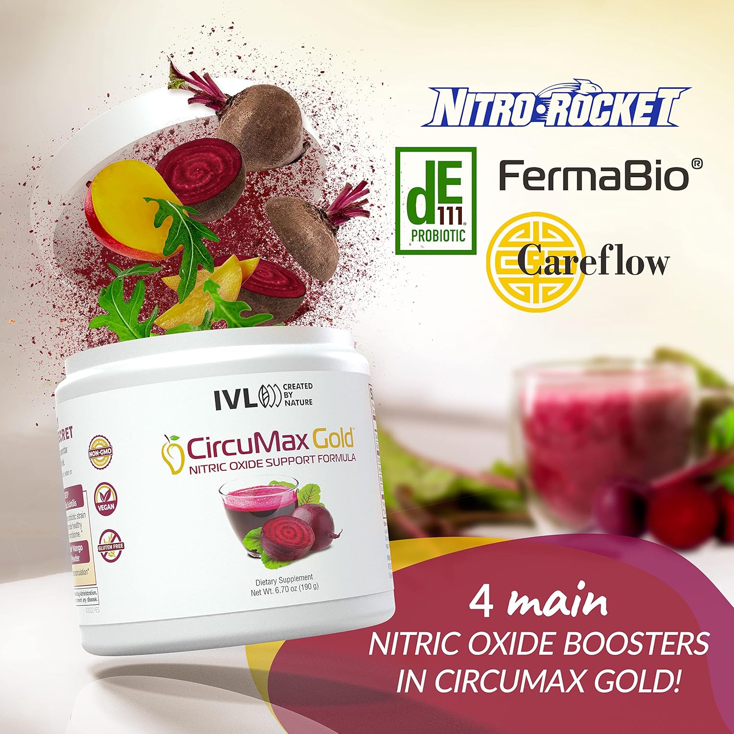IVL – CircuMax Gold – Suplemento de óxido nítrico en polvo – Remolacha orgánica – Suplemento en polvo de remolacha – Polvo de mango Careflow y Nitro