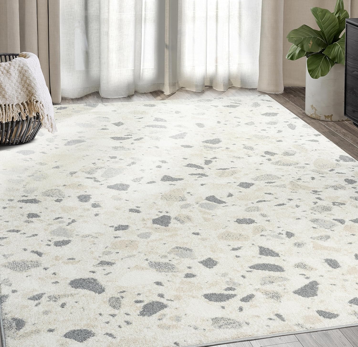 Abani Nuevo Collection – Alfombra de área, diseño moderno de terazzo de puntos marfilgris, 6 x 9 pies, fácil de limpiar, duradera para niños y