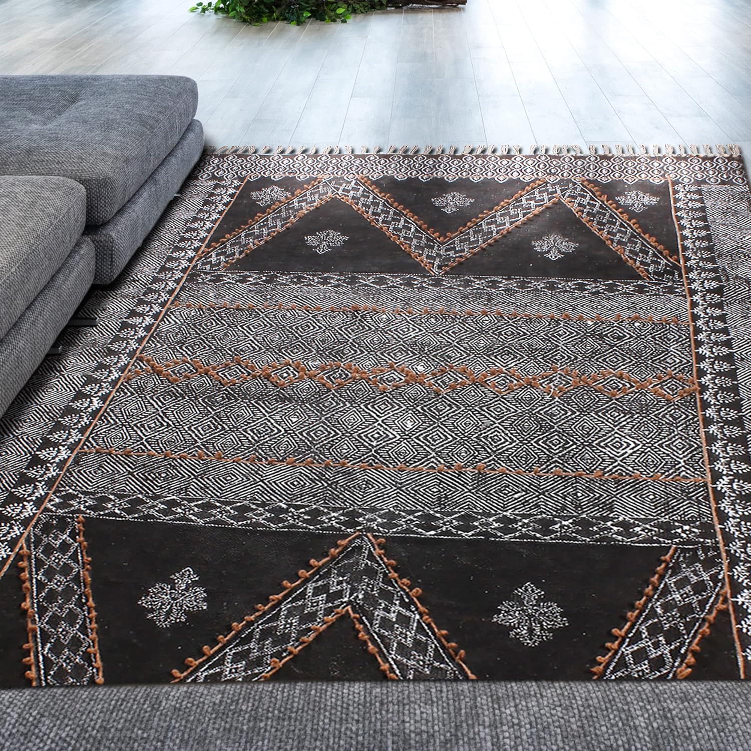 CASAVANI Collection – Alfombra cuadrada de 9 x 9 pies, alfombra geométrica Kilim Dhurrie de algodón negro, alfombra de uso para interiores y