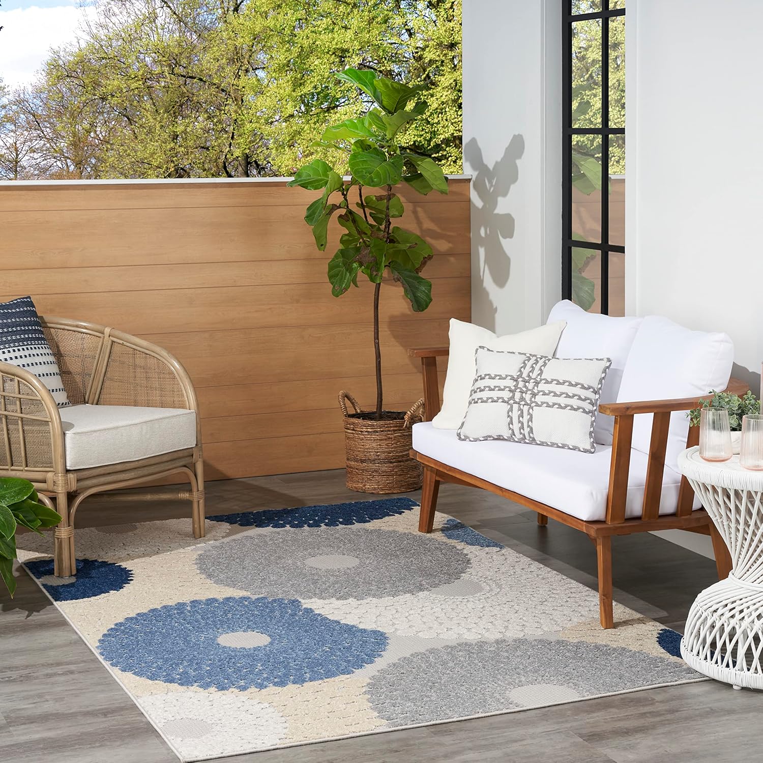 Nourison Aloha – Alfombra para interiores y exteriores, azulgris de 6 x 9 pies, fácil limpieza, no se desprende, para dormitorio, sala de estar,
