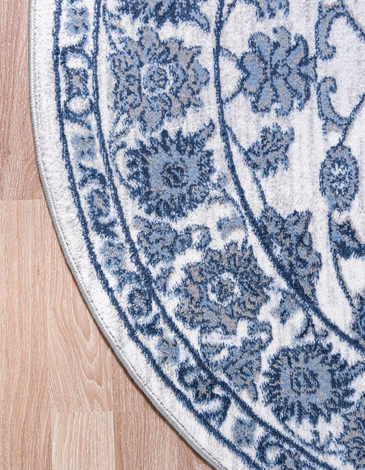 Unique Loom Boston Collection – Alfombra de área con diseño floral (3 pies 3 pulgadas, redonda, blanco, azul y gris)