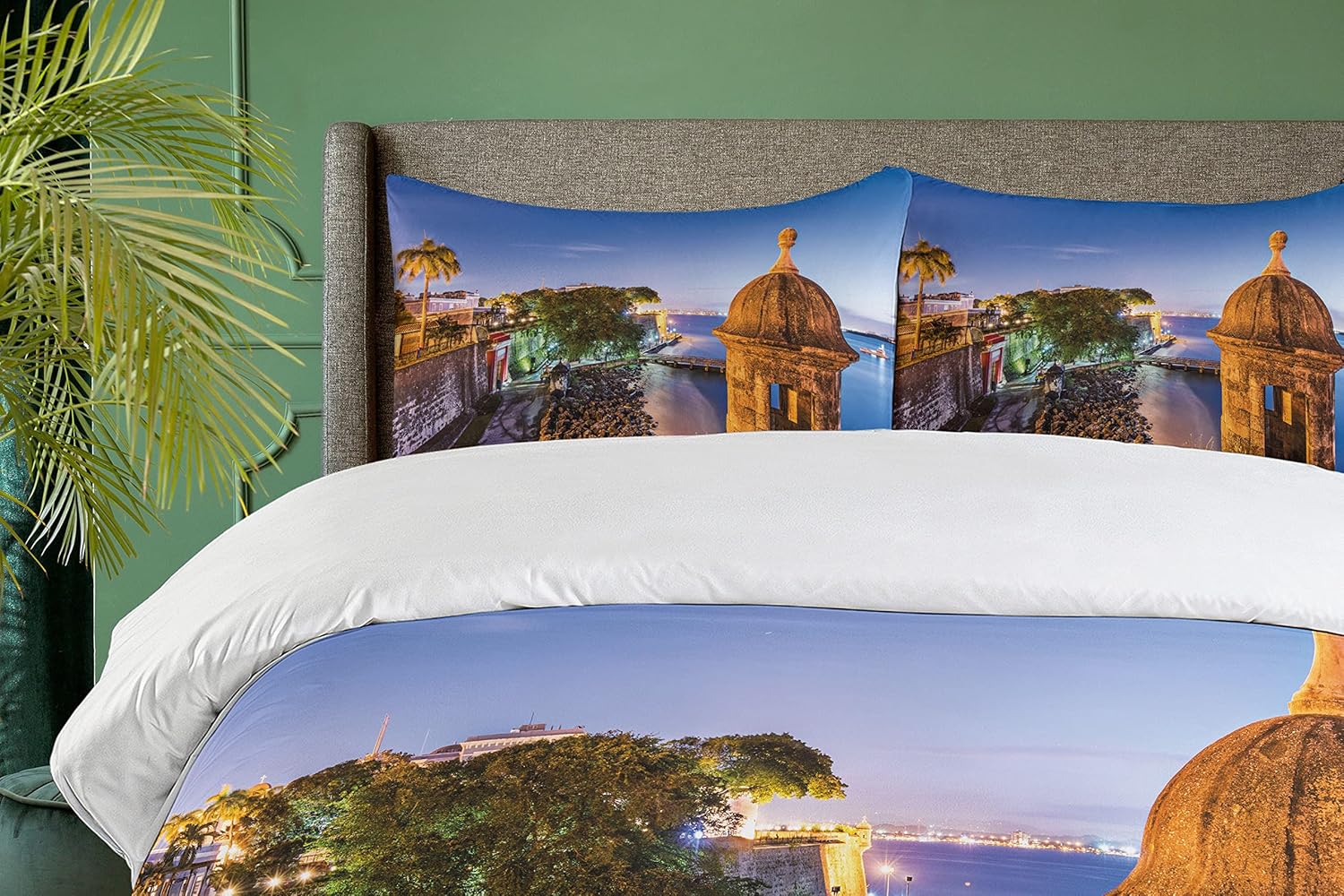 Lunarable Puerto Rico Duvet Cover Set, Coast at Paseo de la Princesa Retro Style Architectural Elements Photography, Decorative 3 Piece Bedding Set